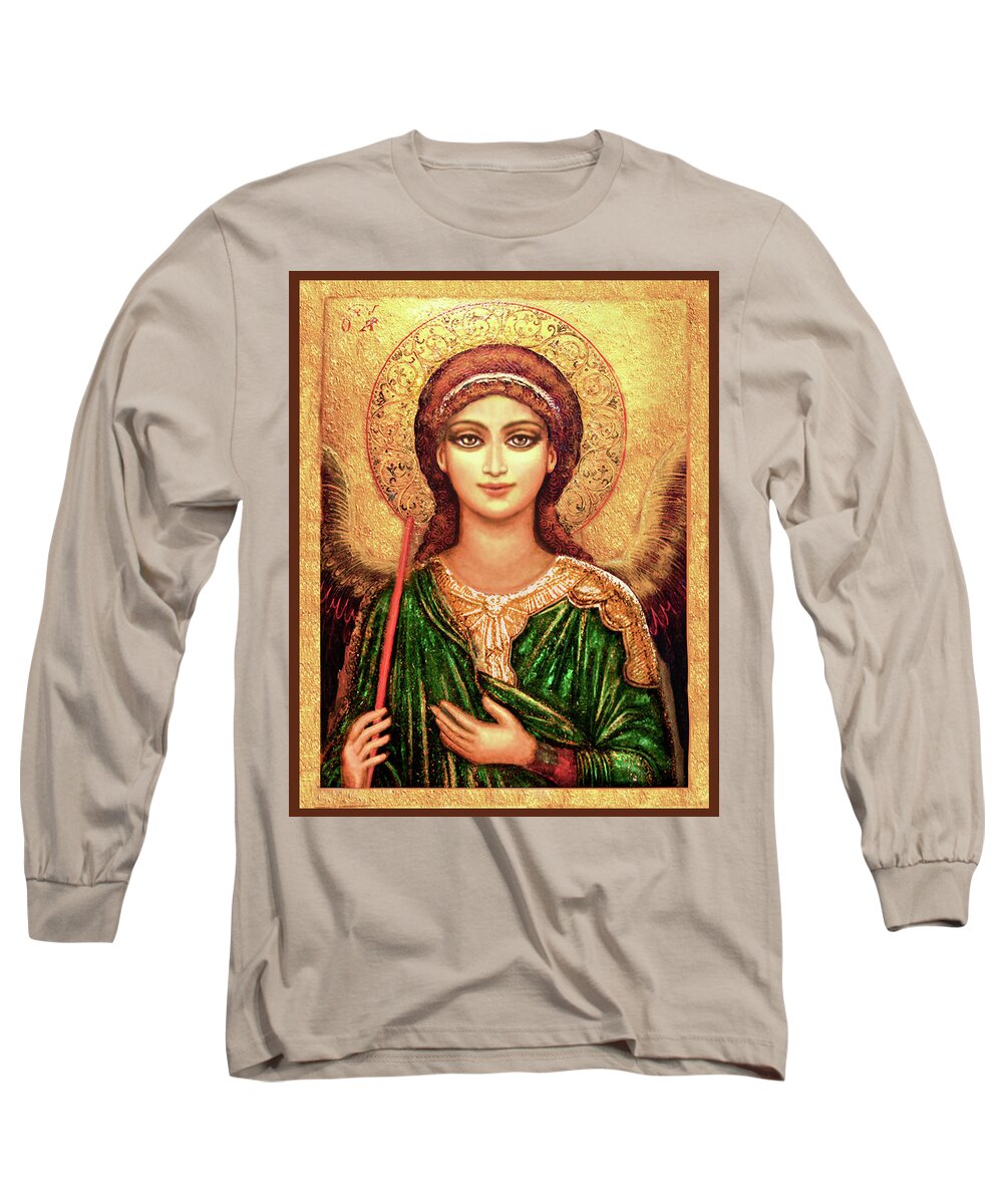 Christian Icons Print Long Sleeve T-Shirt featuring the mixed media Icon Angel in Green by Ananda Vdovic