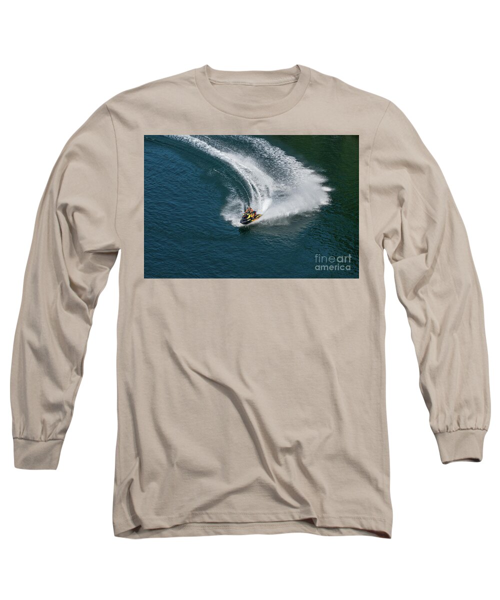 Jet Long Sleeve T-Shirt featuring the photograph Jet ski on a dark blue water by Les Palenik