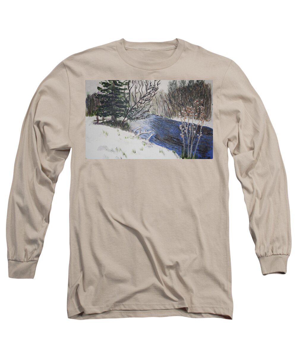  Landscapes Long Sleeve T-Shirt featuring the painting Johnson Vermont in Spring Snow Storm by Donna Walsh