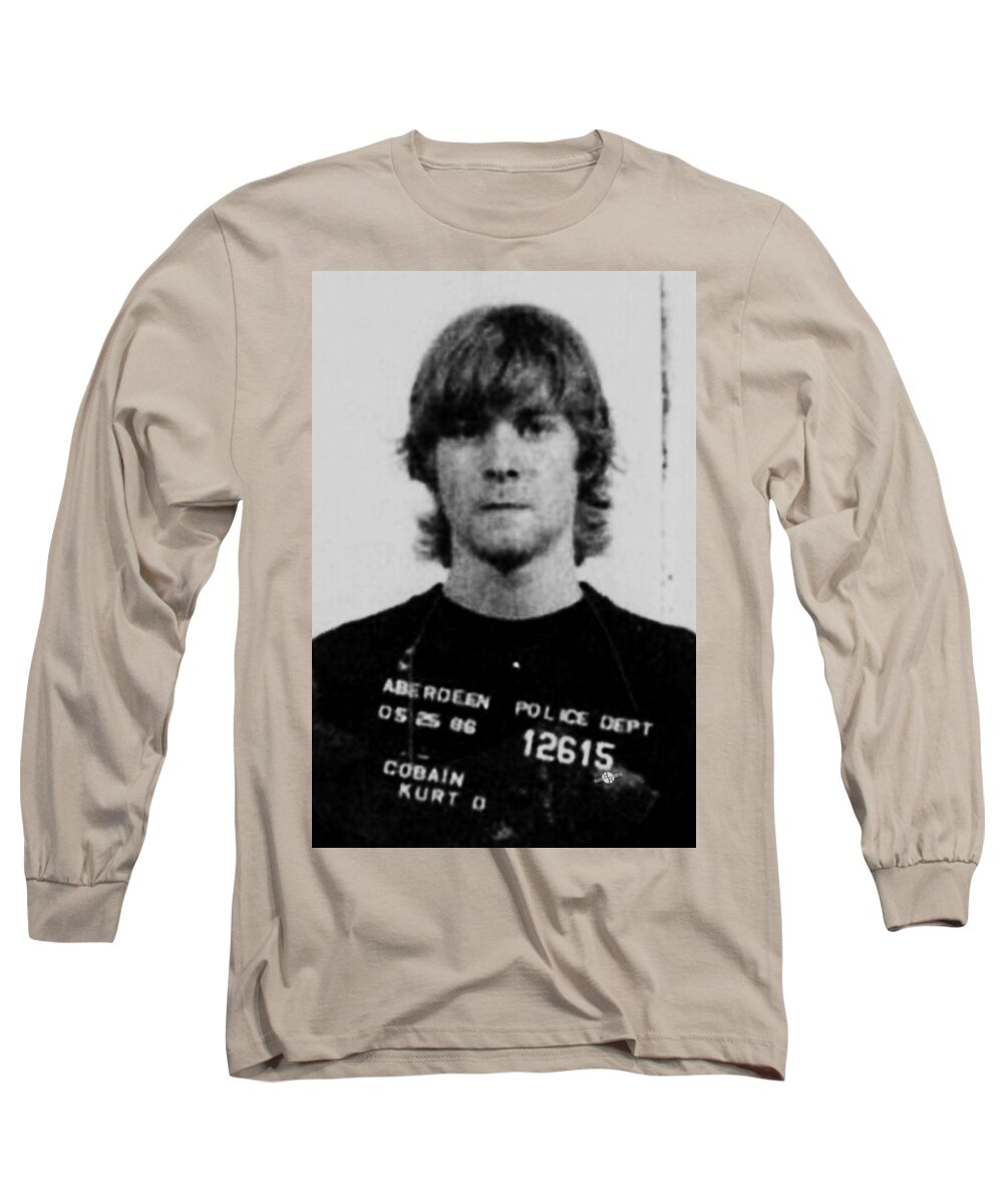 Kurt Cobain Long Sleeve T-Shirt featuring the painting Kurt Cobain Mug Shot Vertical Black And Gray Grey by Tony Rubino