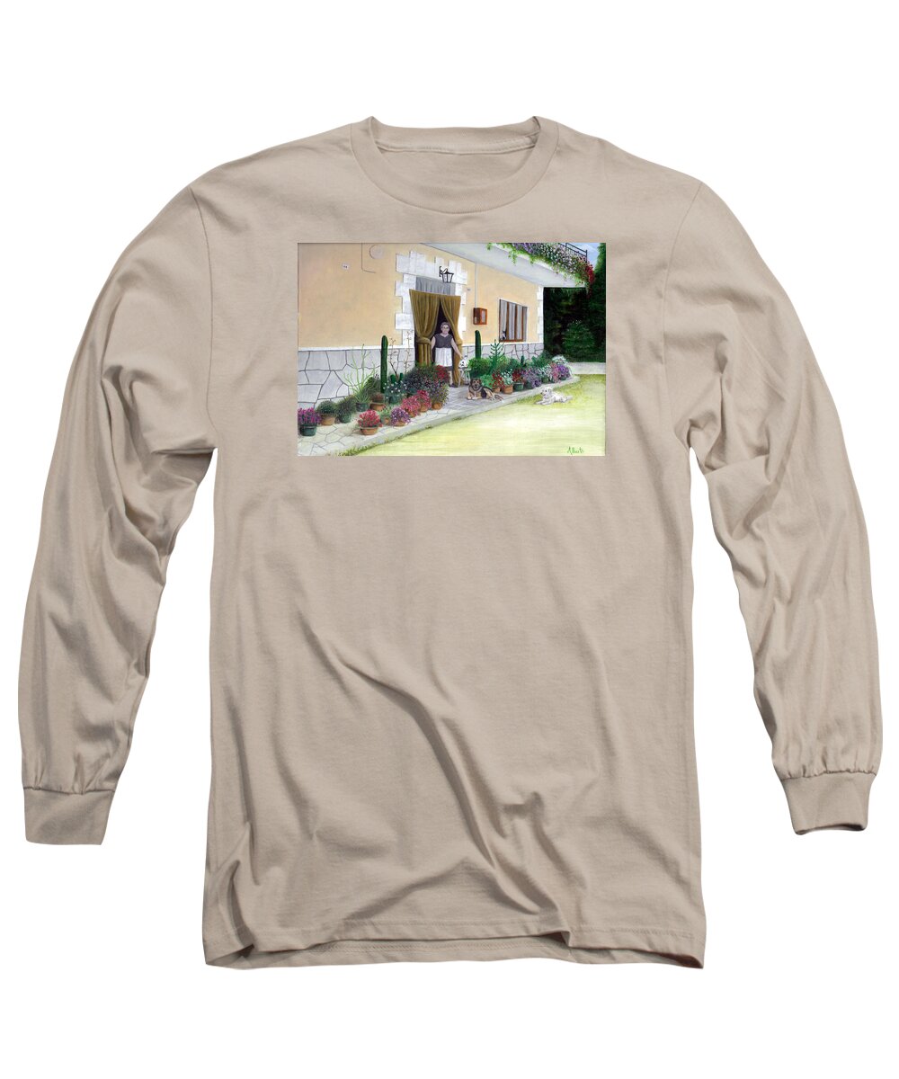 Cat Long Sleeve T-Shirt featuring the painting La Casa de Nonna Loreta by Albert Puskaric