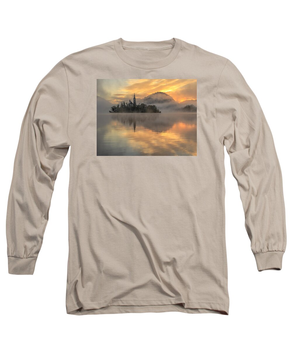 Slovenia Long Sleeve T-Shirt featuring the photograph Lake Bled Sunrise Slovenia by Tom and Pat Cory