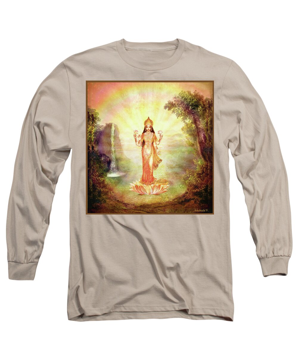 Devi Long Sleeve T-Shirt featuring the mixed media Lakshmi with the Waterfall by Ananda Vdovic