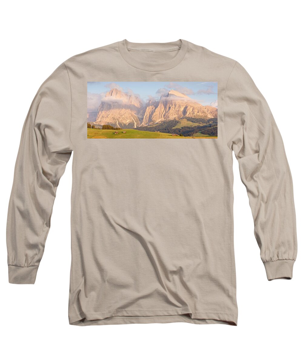 Alpe Di Siusi Long Sleeve T-Shirt featuring the photograph Late evening Light on the Alpe Di Siusi by Stephen Taylor
