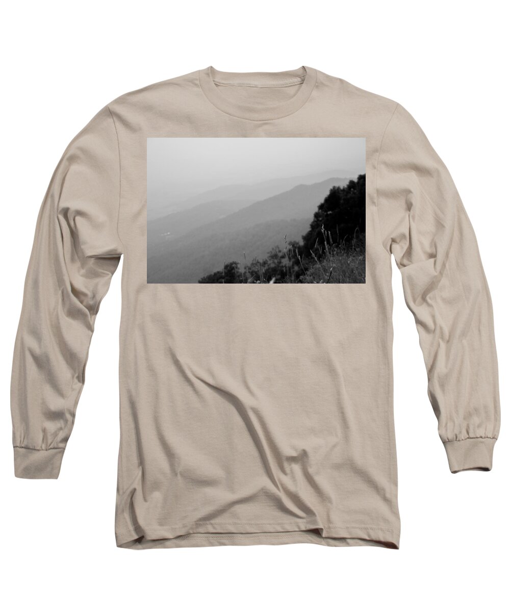 Kelly Hazel Long Sleeve T-Shirt featuring the photograph Layers of the Blue Ridge Mountains in Black and White by Kelly Hazel