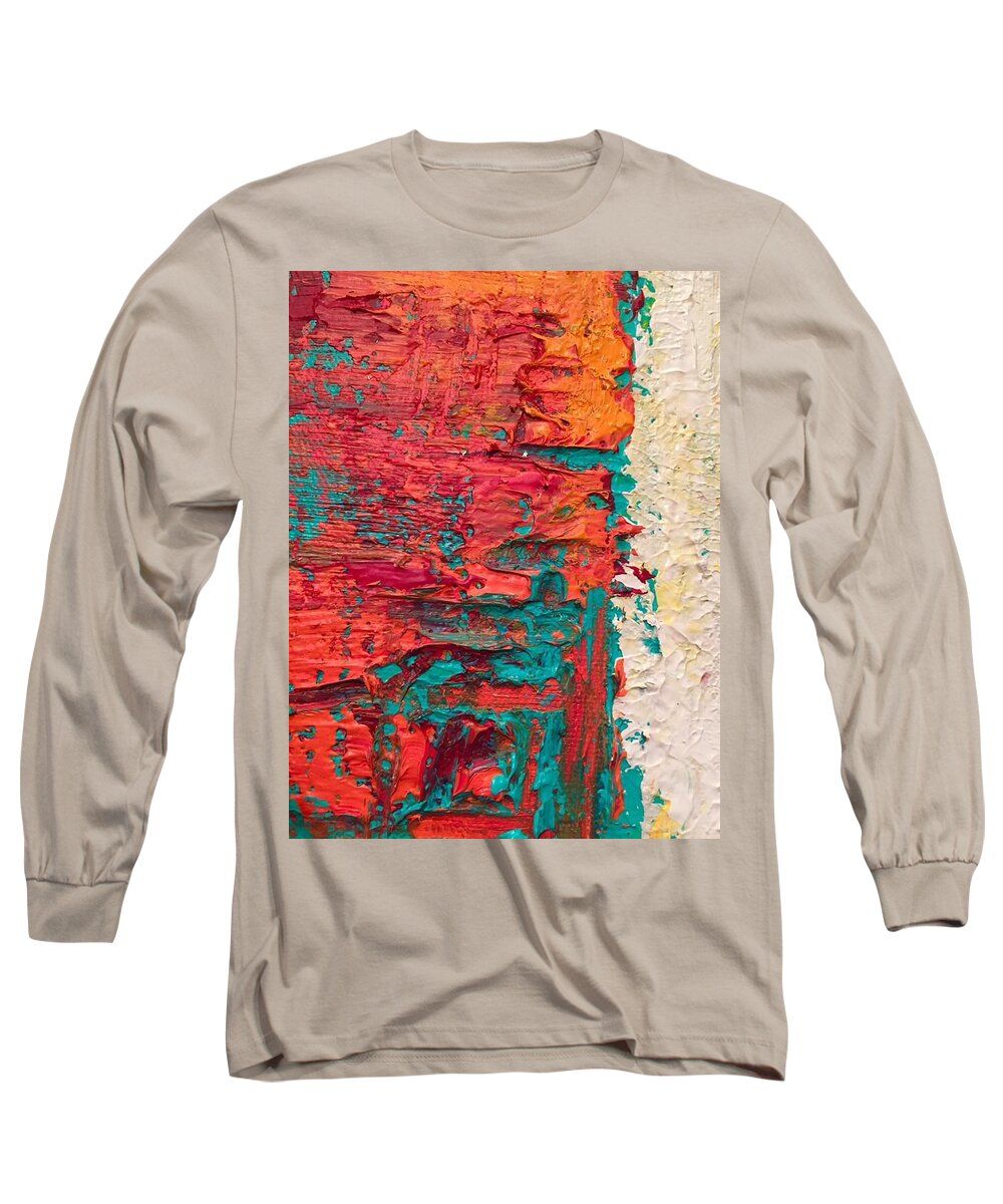 Contemporary Bold Red Turquoise Gold Abstract Long Sleeve T-Shirt featuring the painting Learning curve one by Heather Roddy