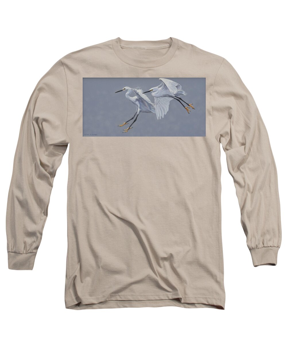 Wildlife Paintings Long Sleeve T-Shirt featuring the painting Little Egrets in Flight by Alan M Hunt