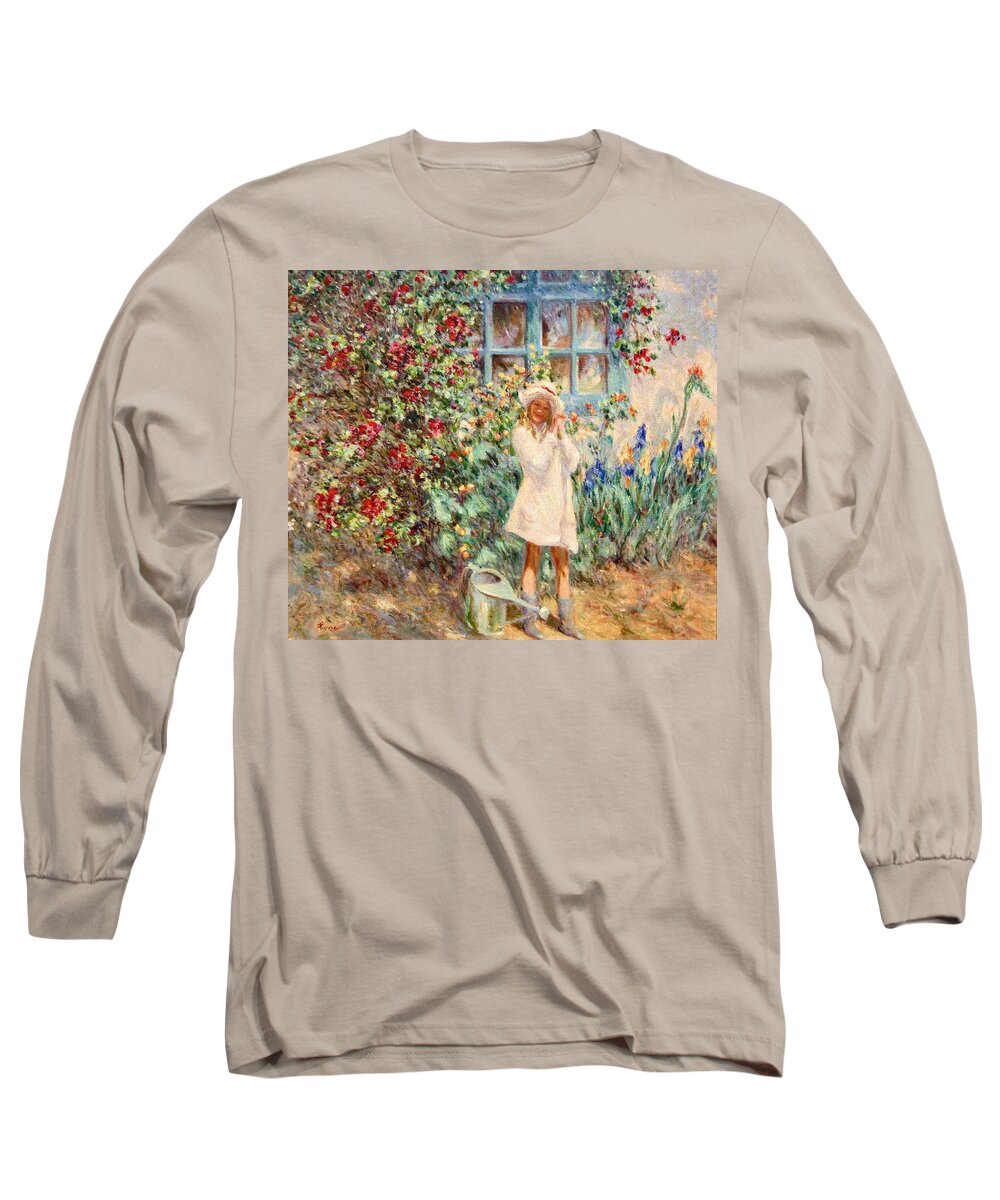 Little Girl With Roses Long Sleeve T-Shirt featuring the painting Little girl with roses by Pierre Dijk