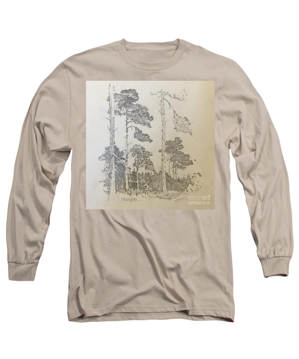 Woods Long Sleeve T-Shirt featuring the drawing Lonely Pines by Thomas Janos