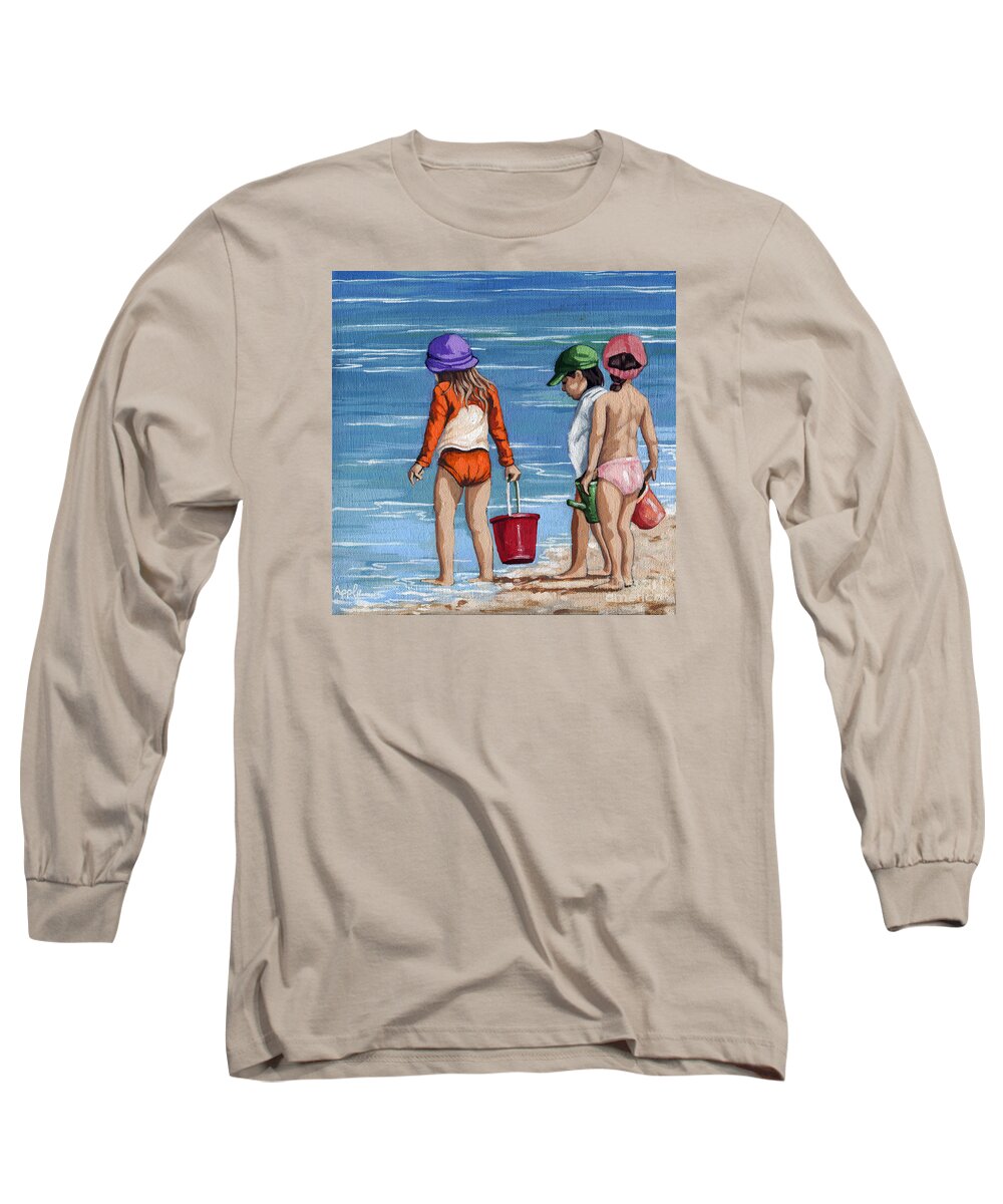 Beach Long Sleeve T-Shirt featuring the painting Looking for Seashells Children on the beach figurative original painting by Linda Apple