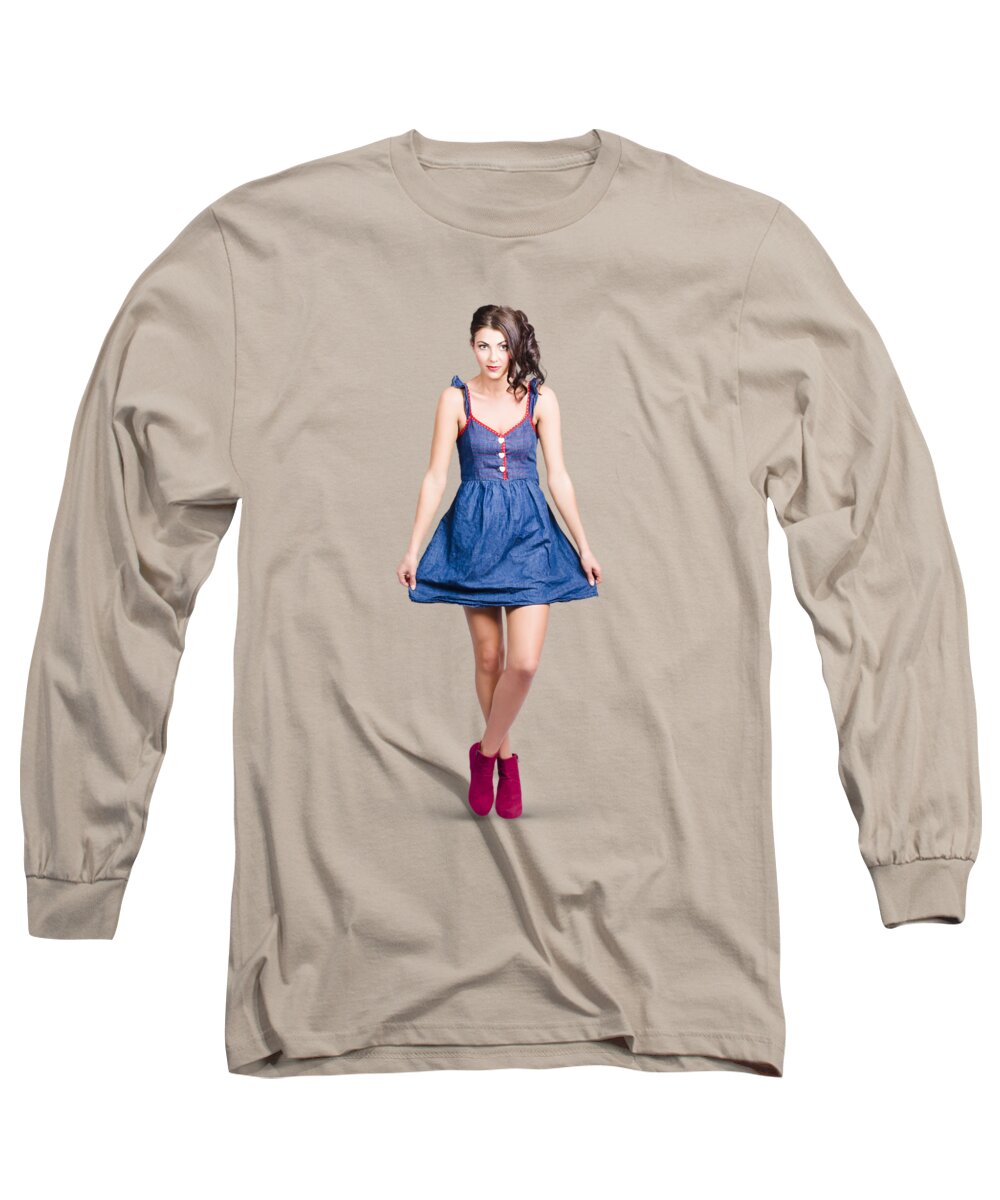 Pinup Long Sleeve T-Shirt featuring the photograph Lovable eighties female pin-up in denim dress by Jorgo Photography