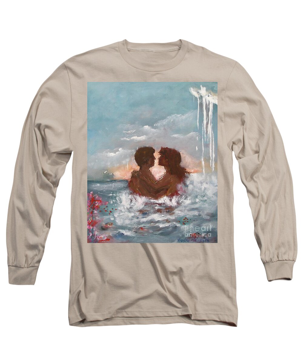 Lovers Ocean Wave Water Love Kiss Man Woman Sky Beach Blue Hug Vacation Relax Swim Fish Acrylic Painting On Canvas Print Romantic Long Sleeve T-Shirt featuring the painting Lovers by Miroslaw Chelchowski