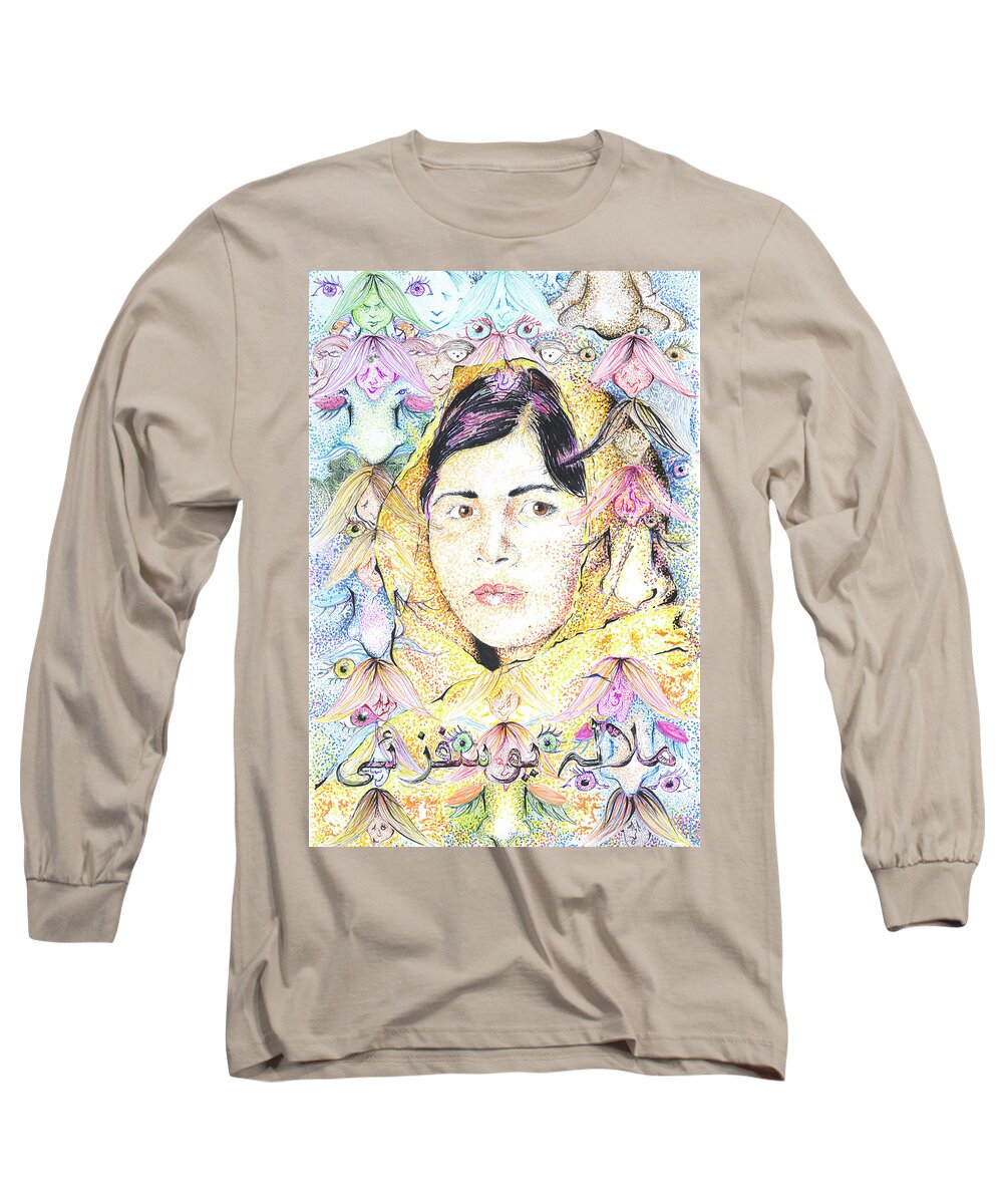 Malala Long Sleeve T-Shirt featuring the drawing Malala-Don't Ignore Us-Sombra de Arreguin by Doug Johnson