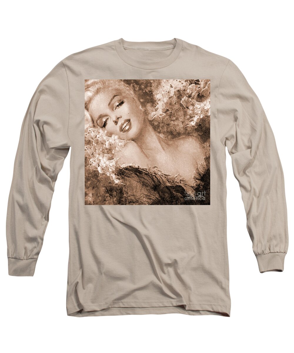 Theo Danella Long Sleeve T-Shirt featuring the painting Marilyn Cherry Blossoms, sepia by Theo Danella