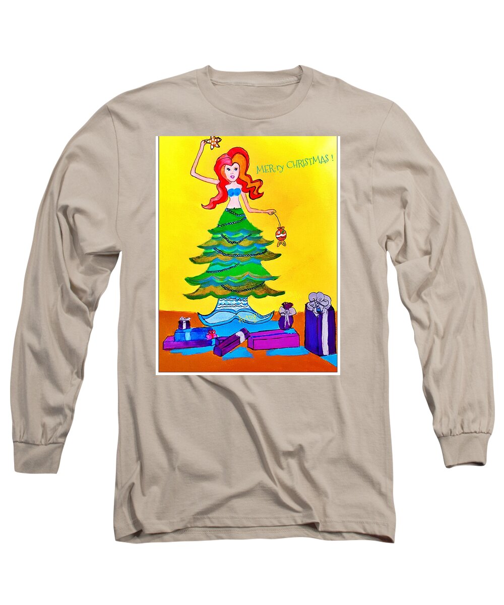 Christmas Mermaid Long Sleeve T-Shirt featuring the painting Mer-ry Christmas Mermaid Tree  by Pamela Smale Williams