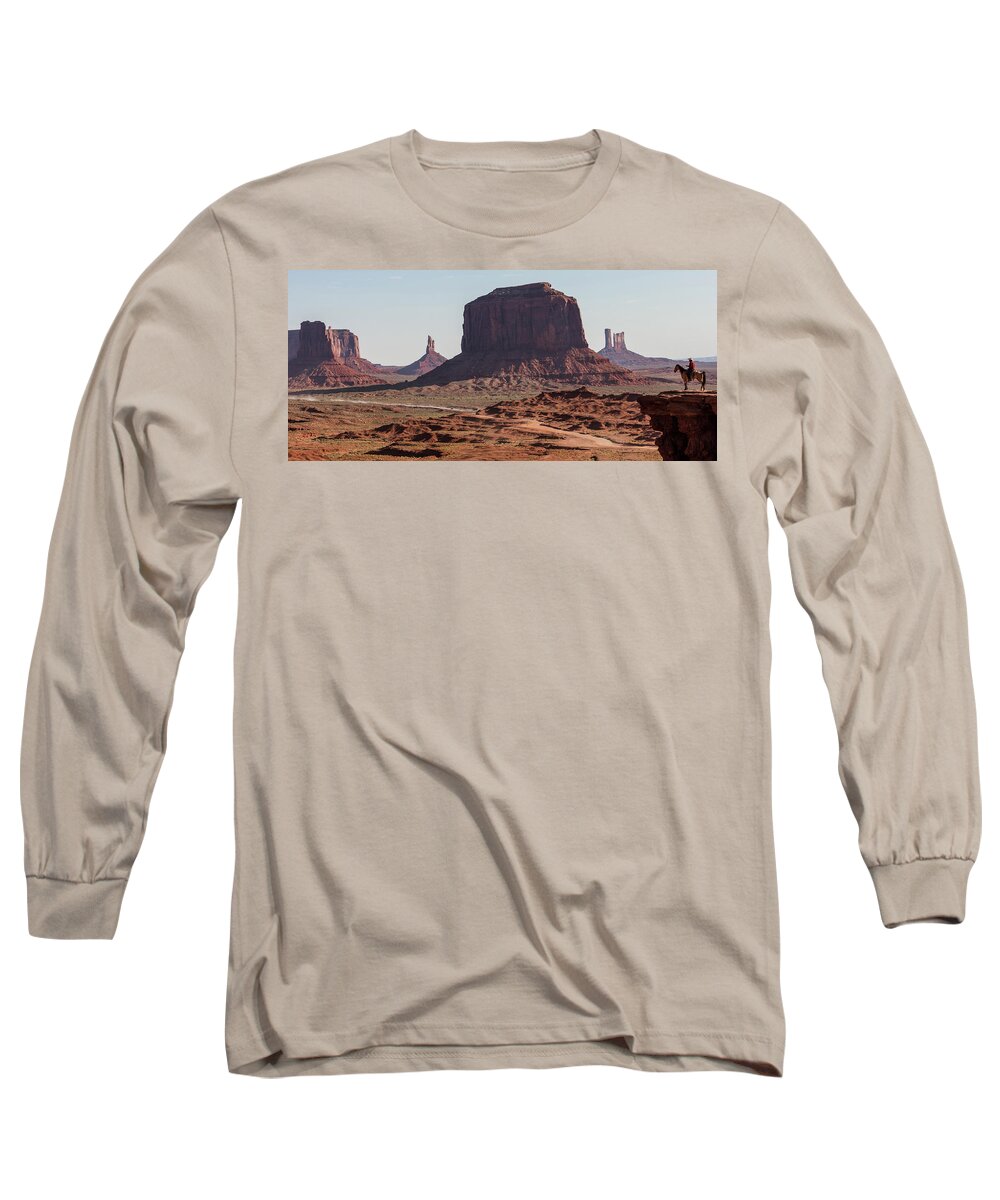 Monument Valley Long Sleeve T-Shirt featuring the photograph Monument Valley Man on Horse Sunrise by John McGraw