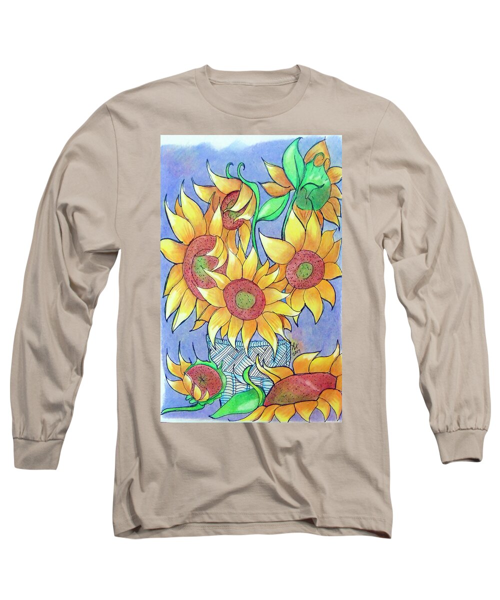 Sunflower Long Sleeve T-Shirt featuring the drawing More Sunflowers by Loretta Nash