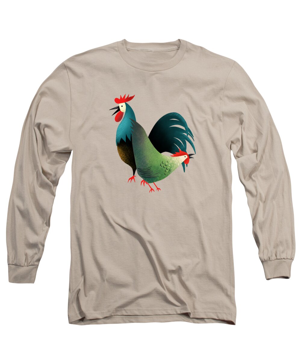 Chicken Long Sleeve T-Shirt featuring the painting Morning Glory Rooster And Hen Wake Up Call by Little Bunny Sunshine