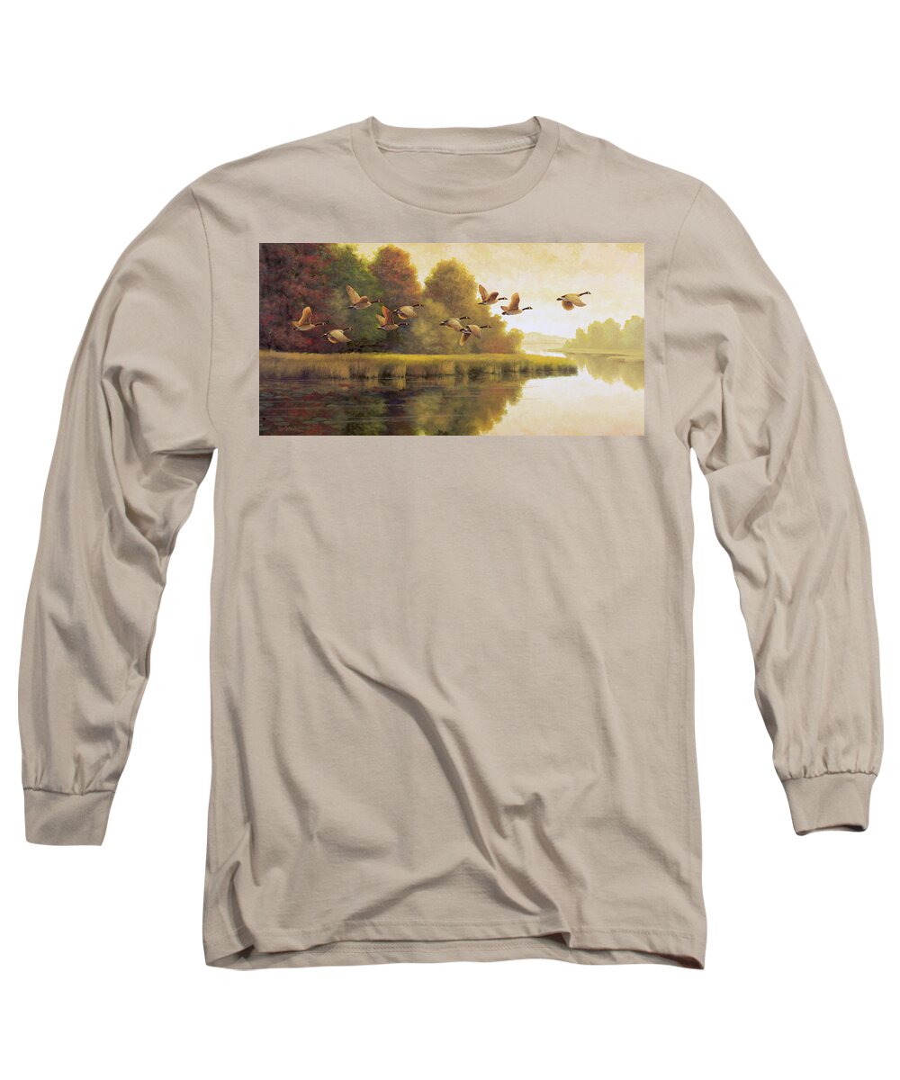 Canada Geese Long Sleeve T-Shirt featuring the painting Morning Pass by Guy Crittenden