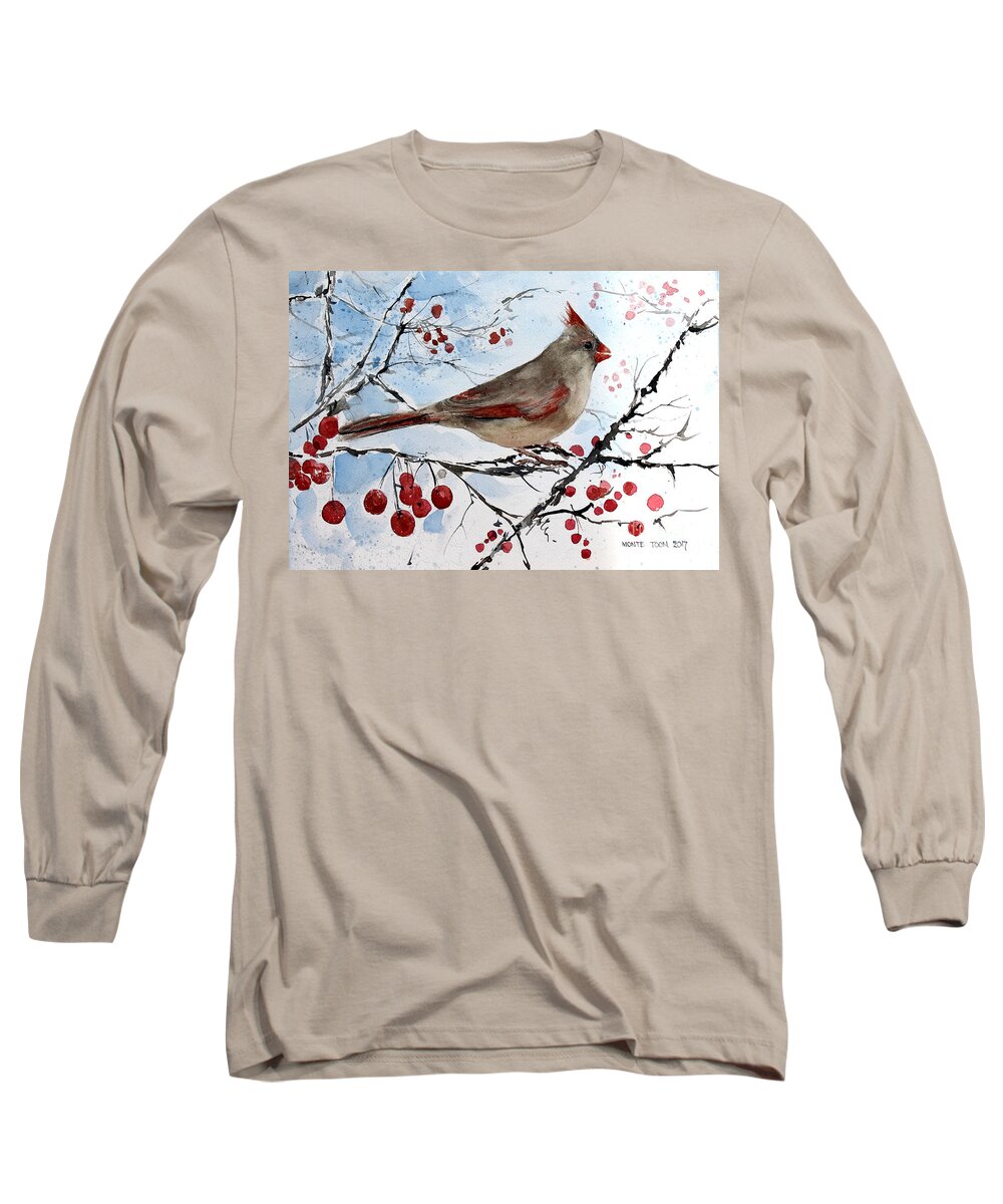 A Female Red Cardinal Is Perched In A Cherry Tree. Long Sleeve T-Shirt featuring the painting The Visit by Monte Toon