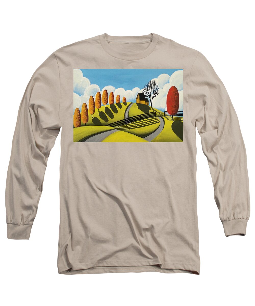 Art Long Sleeve T-Shirt featuring the painting Mustard Cottage - folk art landscape by Debbie Criswell