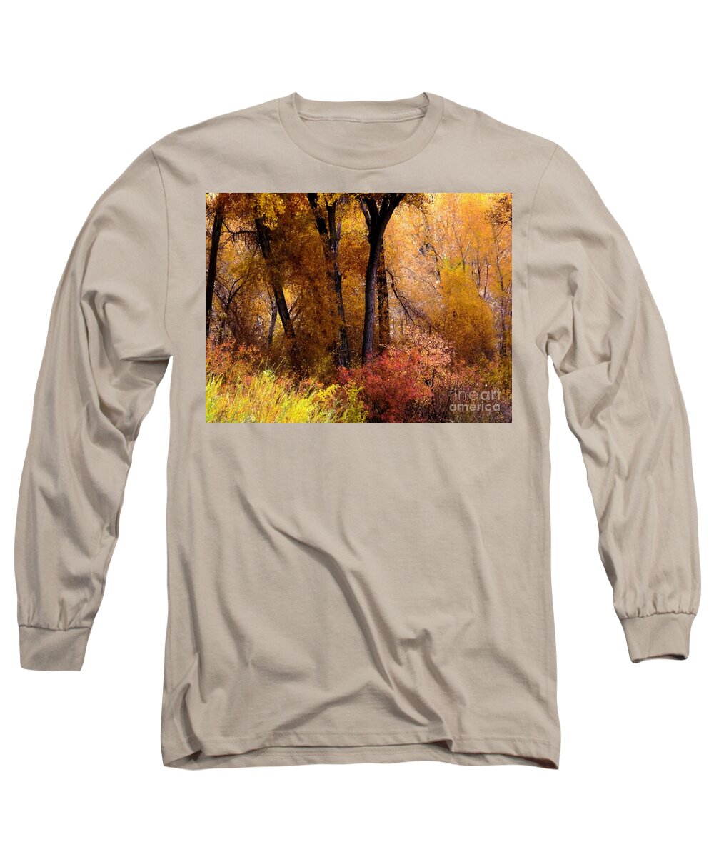 Chinese Elms And Cottonwoods Along The River Changed Into So Many Pastel Colors As The Frosts Began To Set In Long Sleeve T-Shirt featuring the digital art Mystery in fall folage by Annie Gibbons