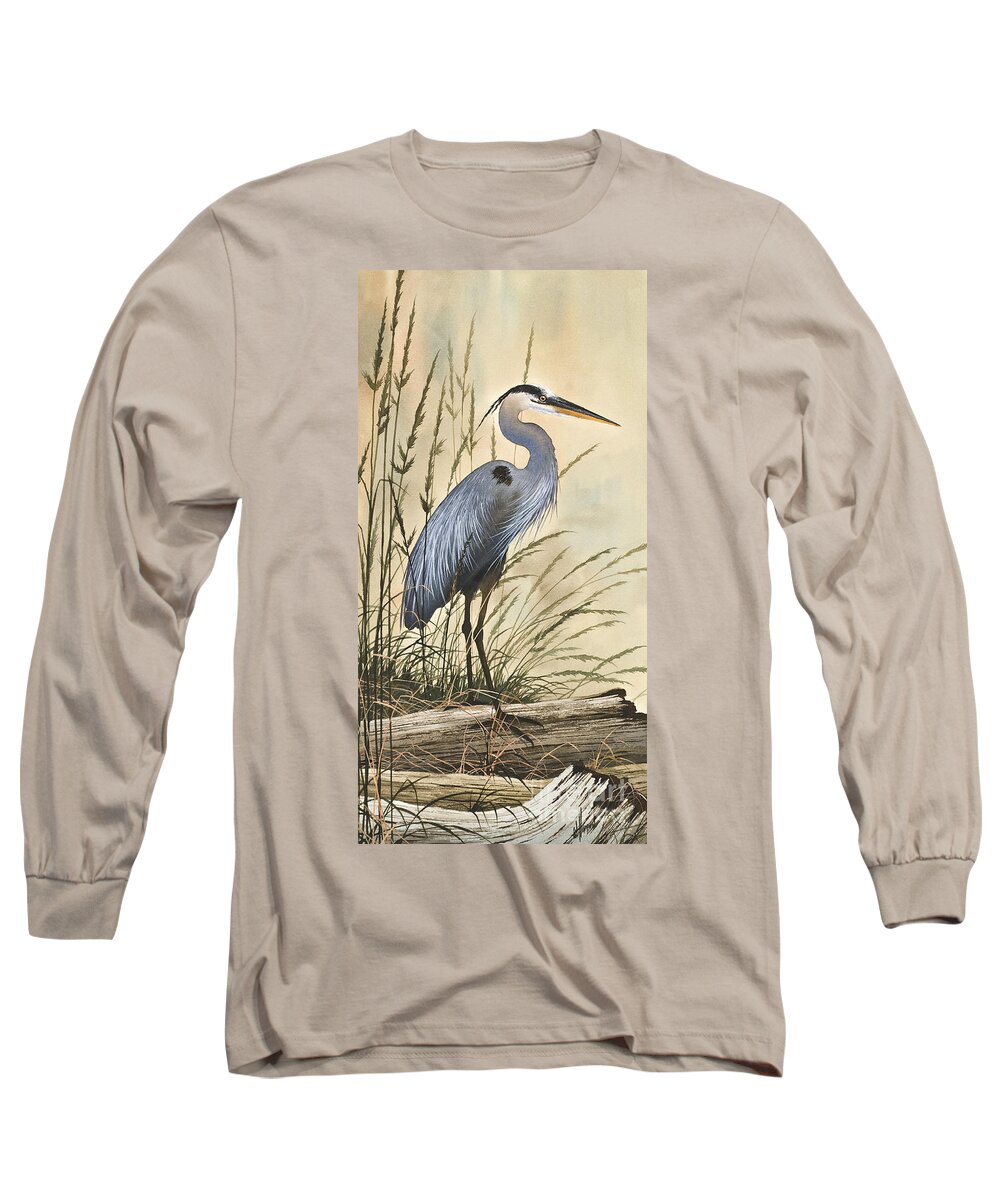 Heron Long Sleeve T-Shirt featuring the painting Nature's Harmony by James Williamson