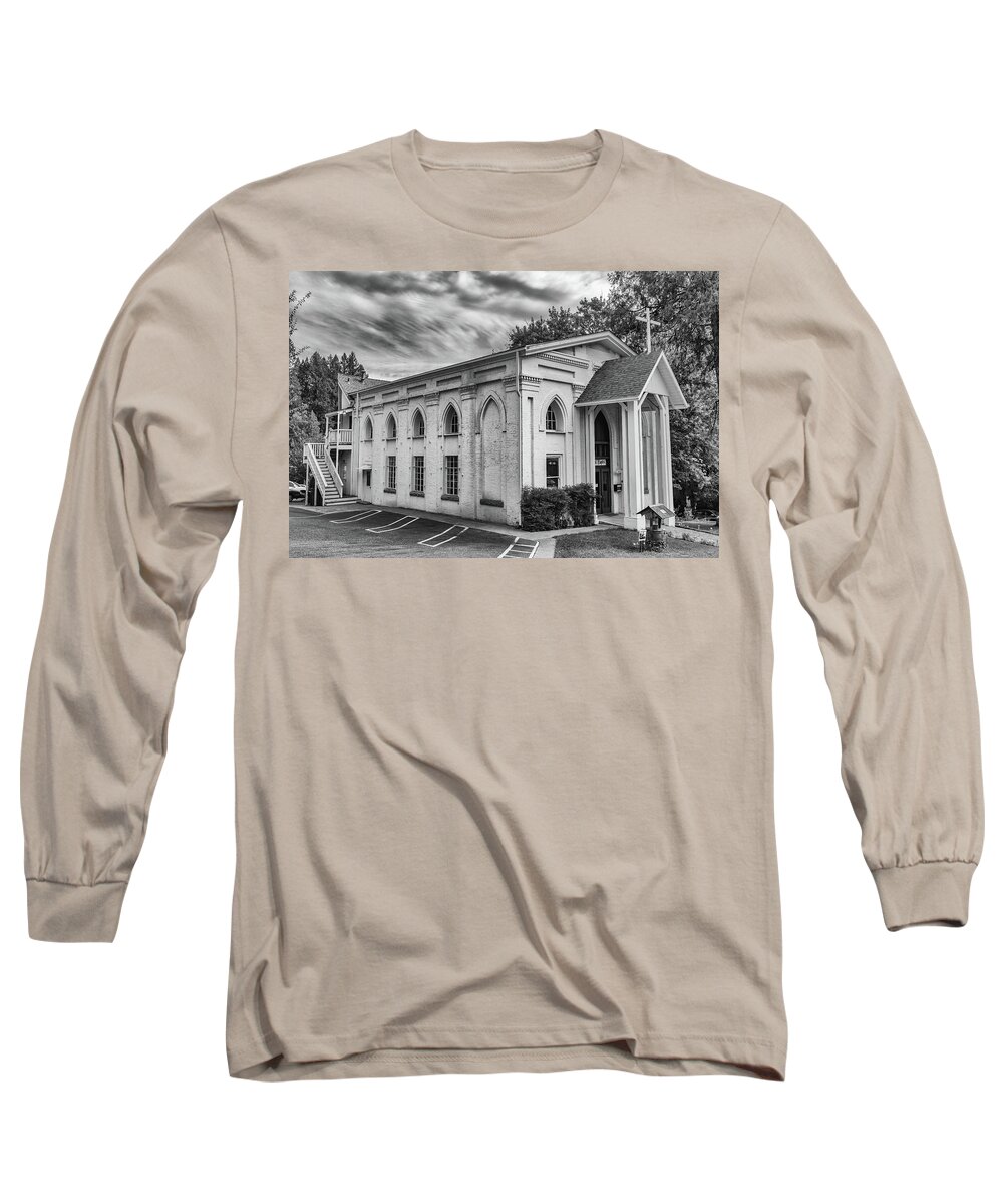 B&w Long Sleeve T-Shirt featuring the photograph Nevada City Church by Robin Mayoff