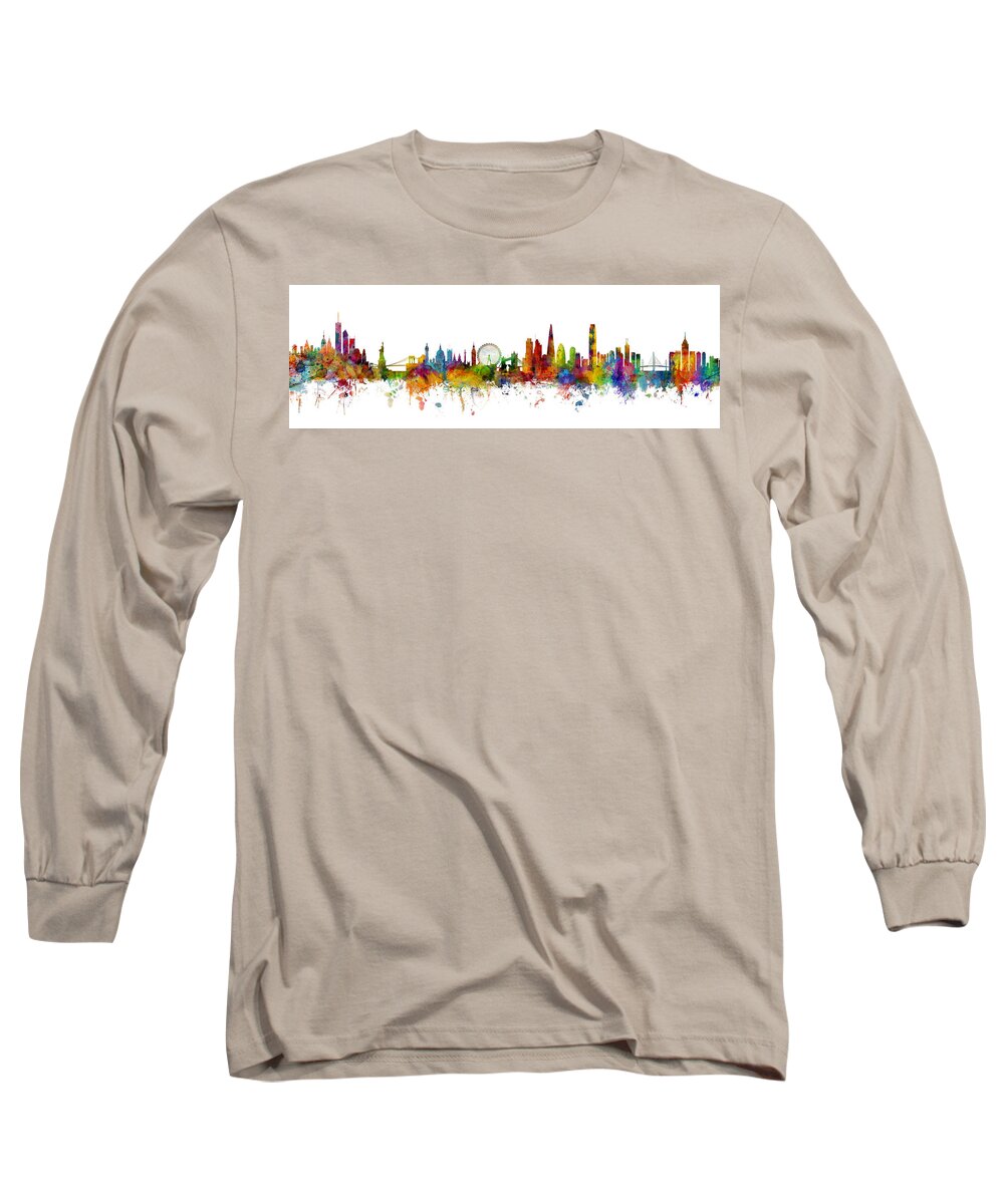 Hong Kong Long Sleeve T-Shirt featuring the digital art New York, London and Hong Kong Skyline Mashup by Michael Tompsett