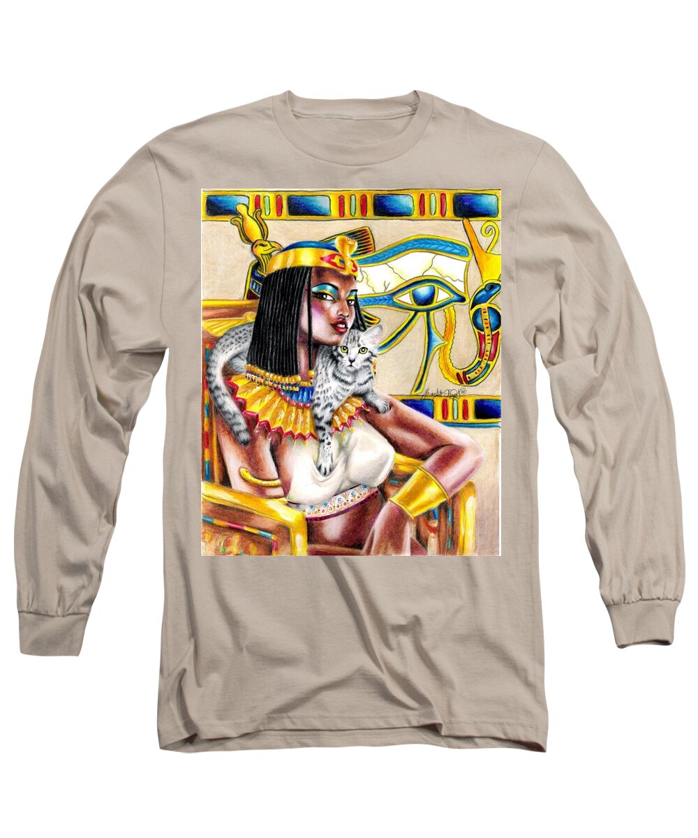 Egyptian Mau Long Sleeve T-Shirt featuring the drawing Nubian Queen by Scarlett Royale