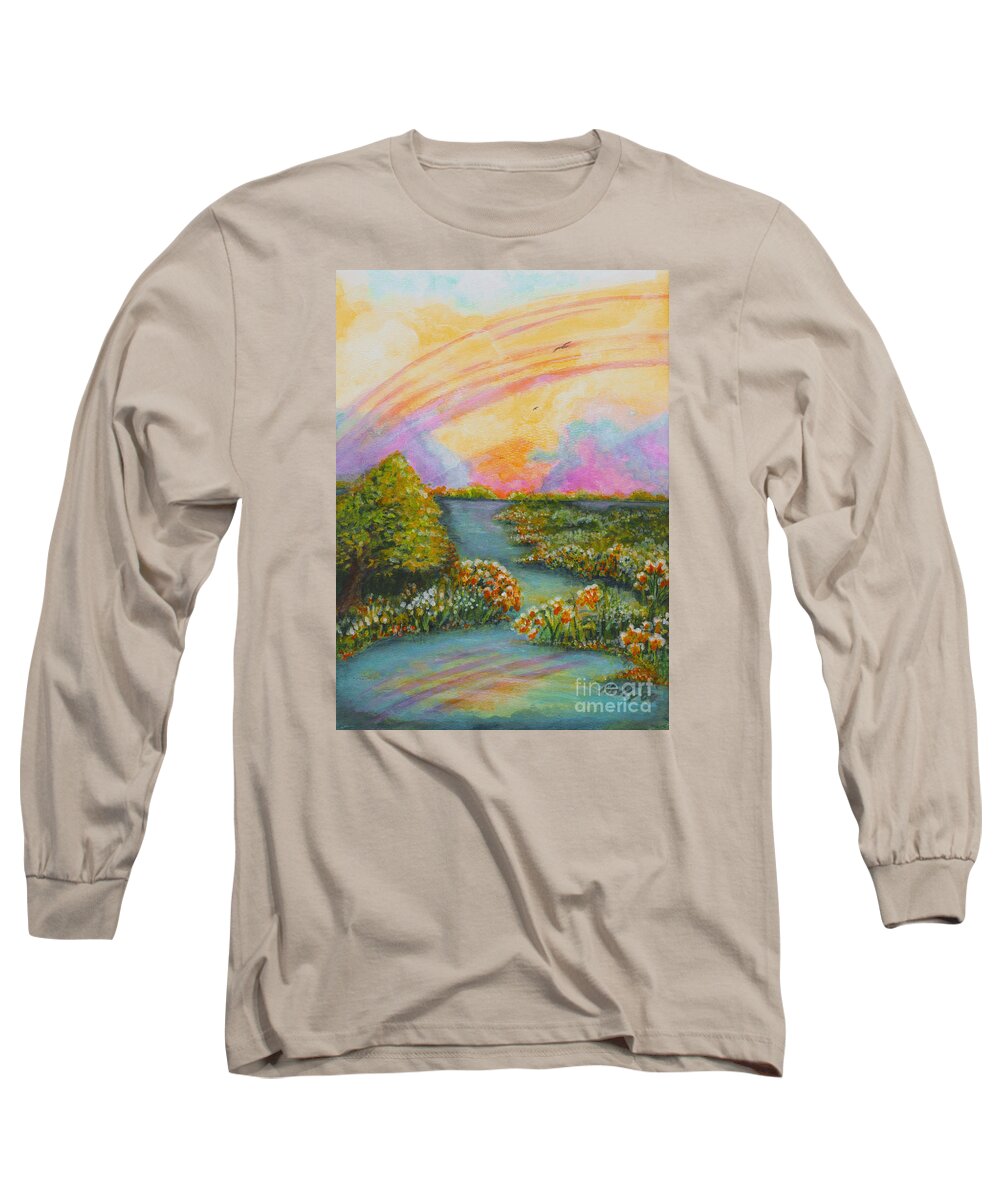Rainbow Long Sleeve T-Shirt featuring the painting On My Way by Holly Carmichael