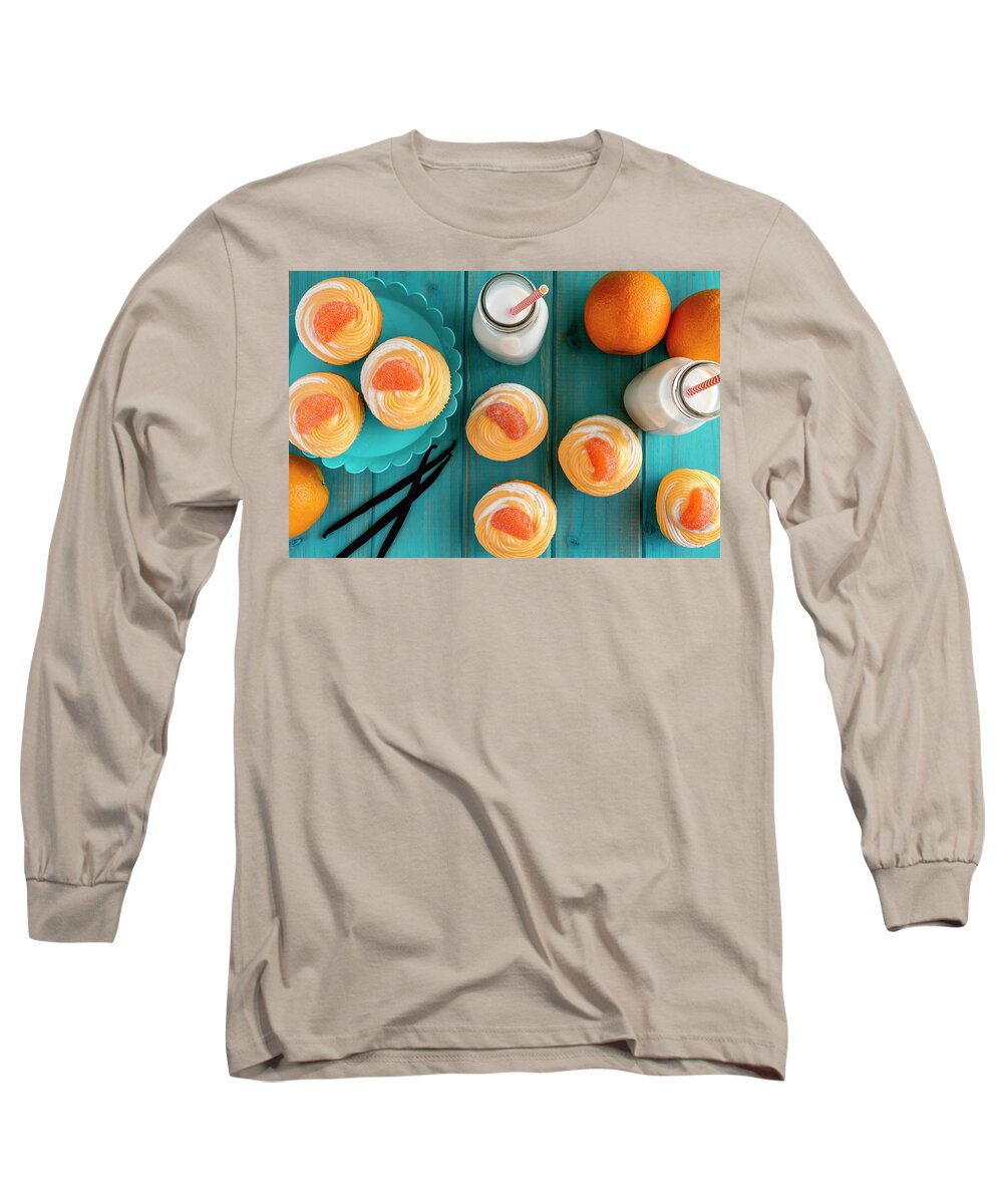 Creamsicle Cupcakes Long Sleeve T-Shirt featuring the photograph Orange Vanilla Swirled Cupcakes by Teri Virbickis