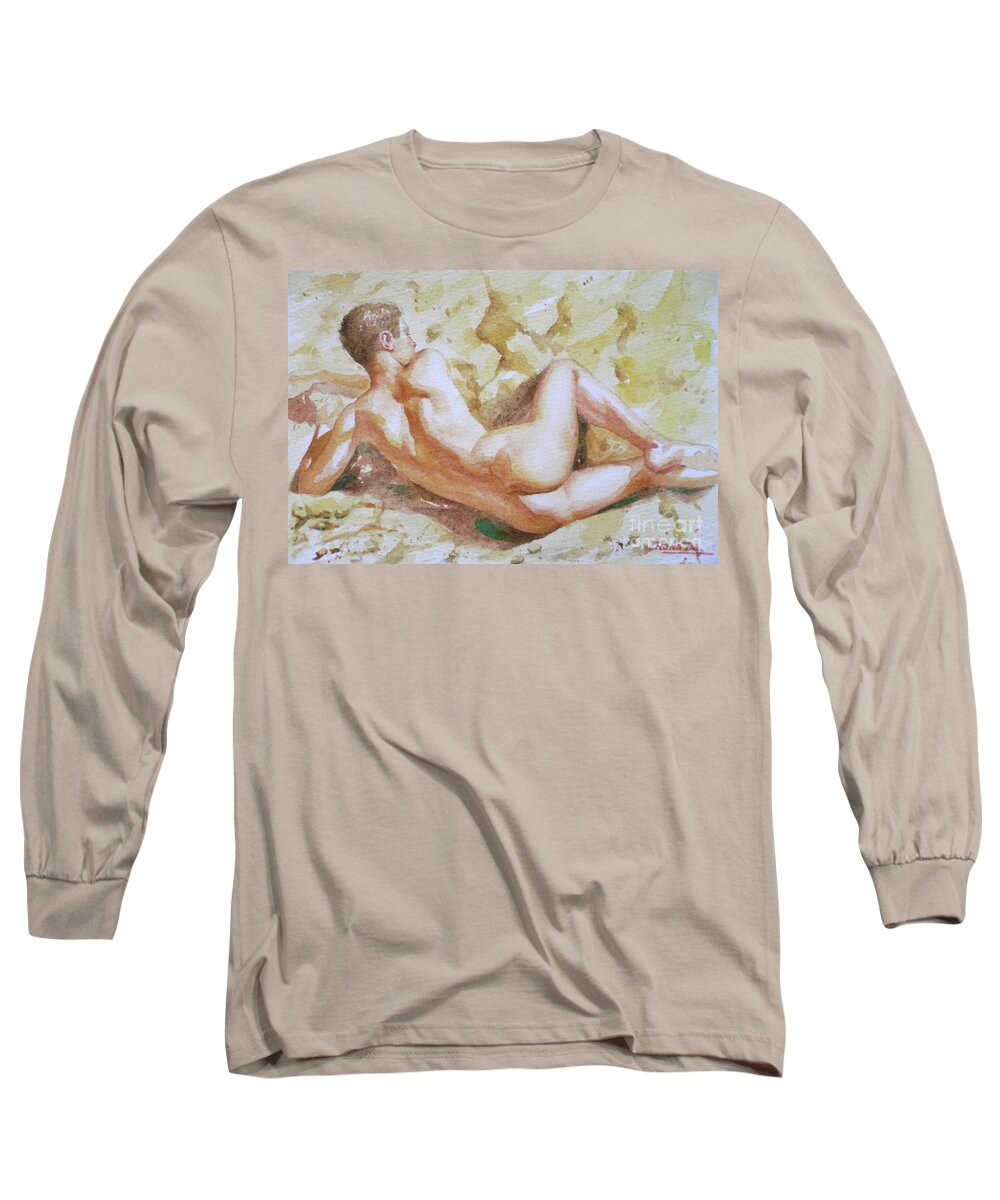 Hongtao Huang Long Sleeve T-Shirt featuring the drawing Original Watercolour Male Nude Men On Paper#16-11-6 by Hongtao Huang