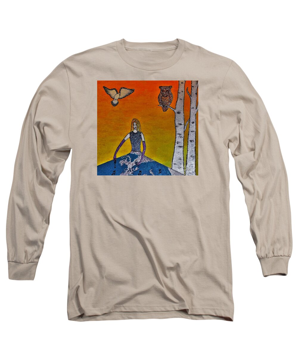 Owl Long Sleeve T-Shirt featuring the painting Painting On A Sunny Day by Jasna Gopic
