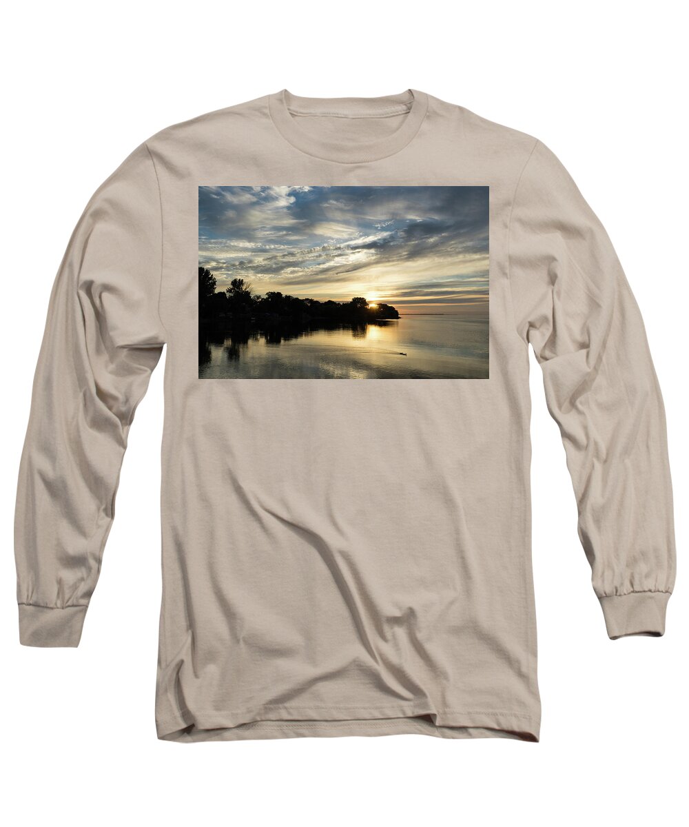 Georgia Mizuleva Long Sleeve T-Shirt featuring the photograph Pale Gold Sunrays - A Cloudy Sunrise with Two Ducks by Georgia Mizuleva