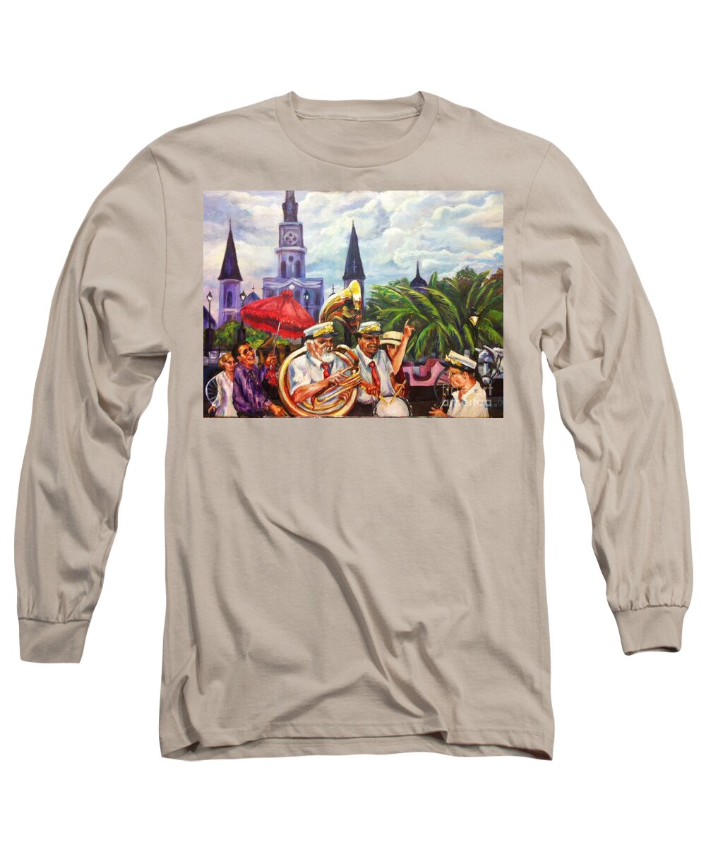 New Orleans Long Sleeve T-Shirt featuring the painting Parade Past the Cathedral by Beverly Boulet