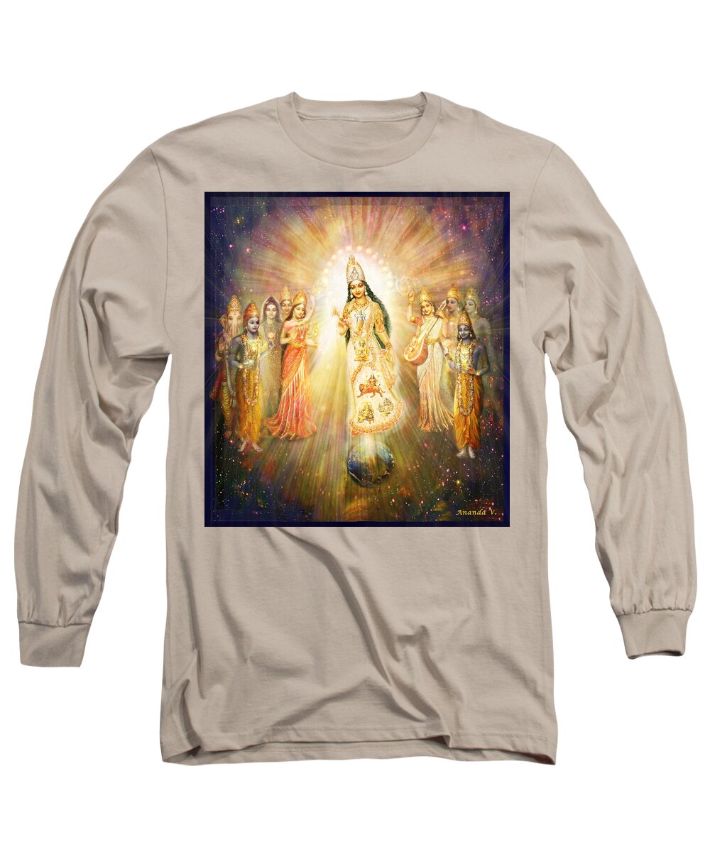 Goddess Long Sleeve T-Shirt featuring the mixed media Parashakti Devi - the Great Goddess in Space by Ananda Vdovic