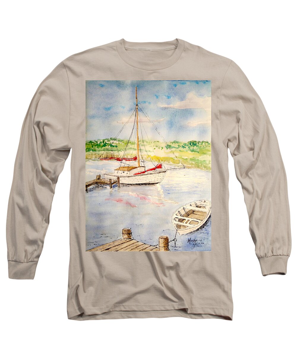 Boats Long Sleeve T-Shirt featuring the painting Peaceful Harbor by Marilyn Zalatan