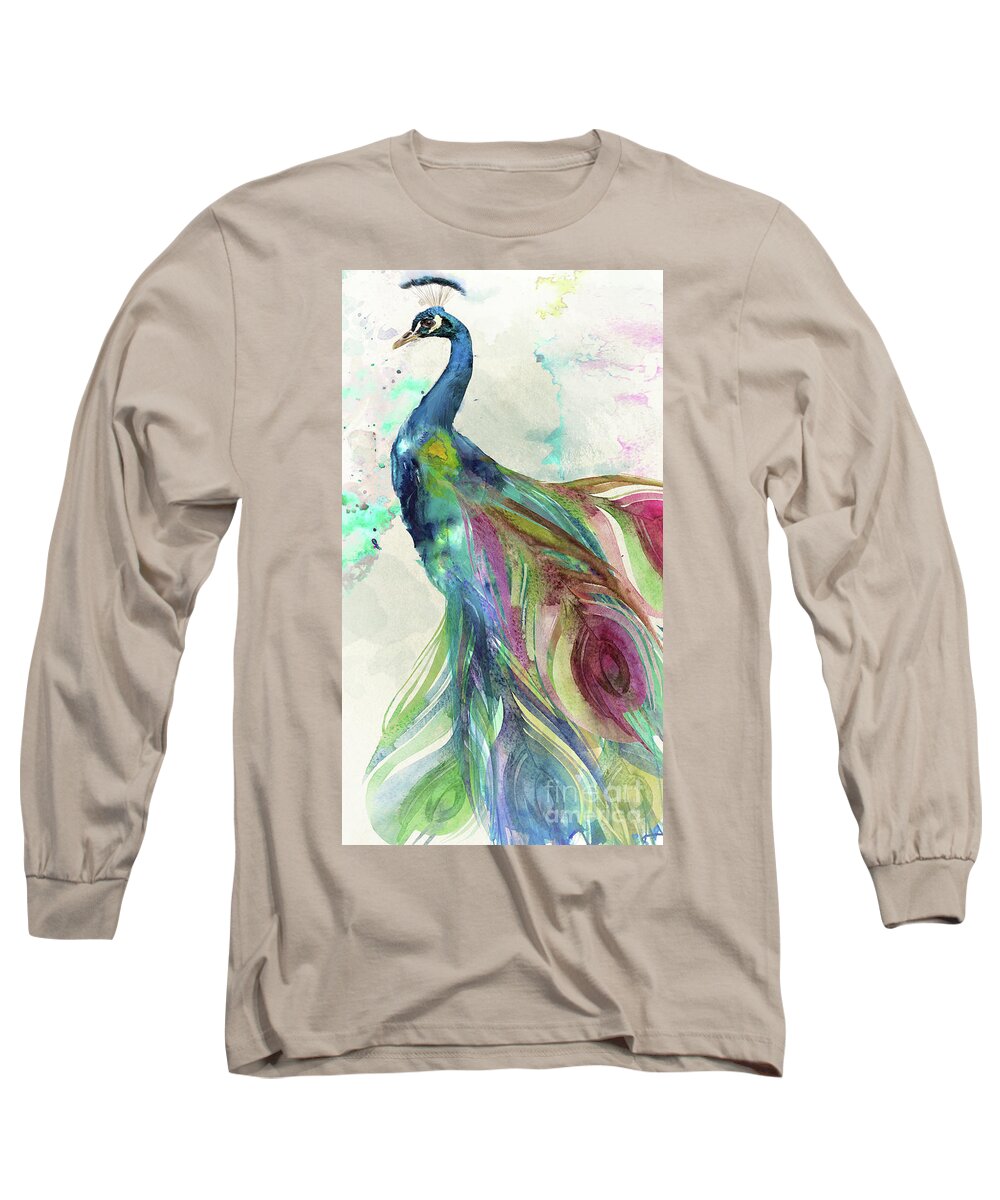 Peacock Long Sleeve T-Shirt featuring the painting Peacock Dress by Mindy Sommers