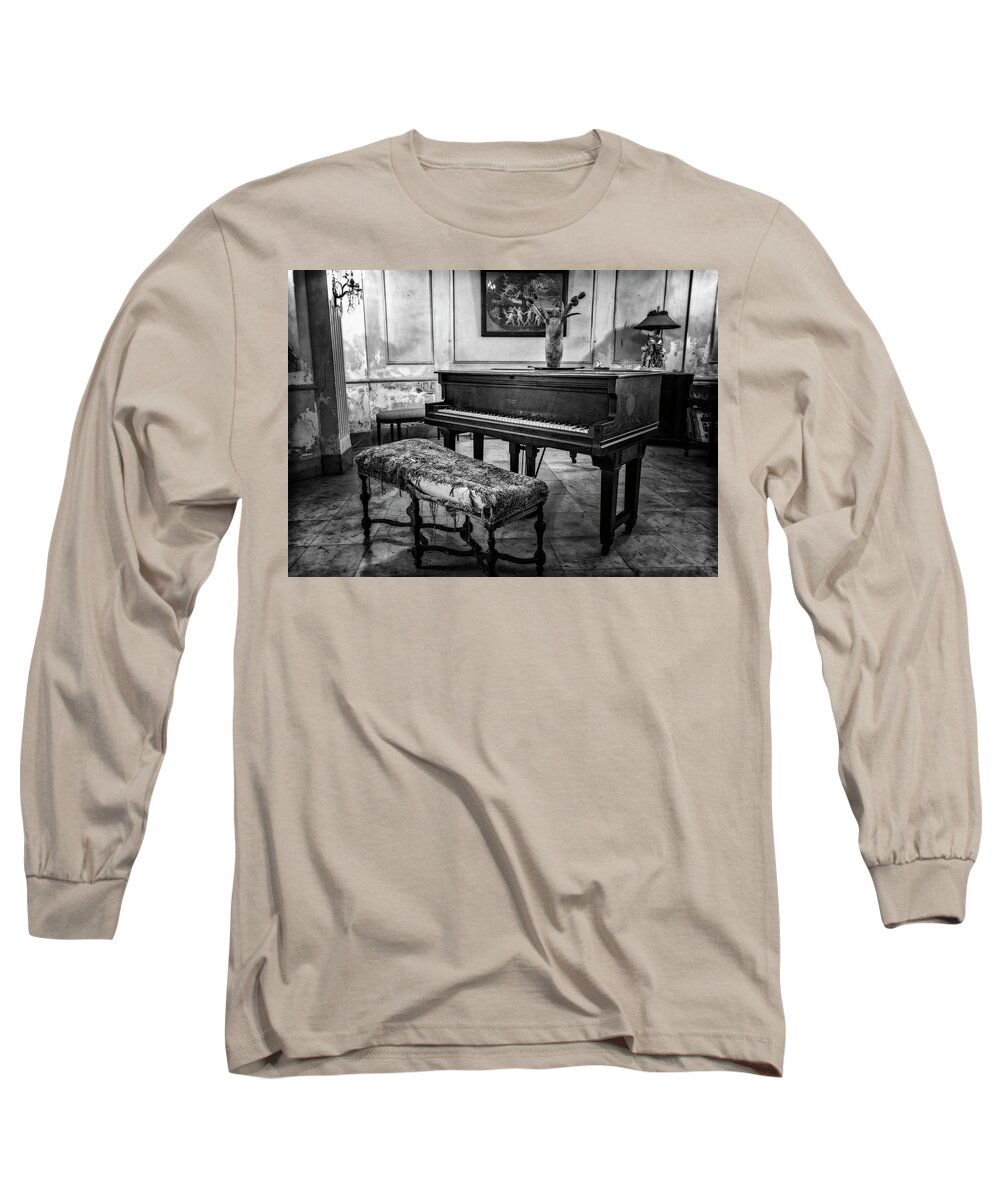 Joan Carroll Long Sleeve T-Shirt featuring the photograph Piano at Josie's House BW by Joan Carroll
