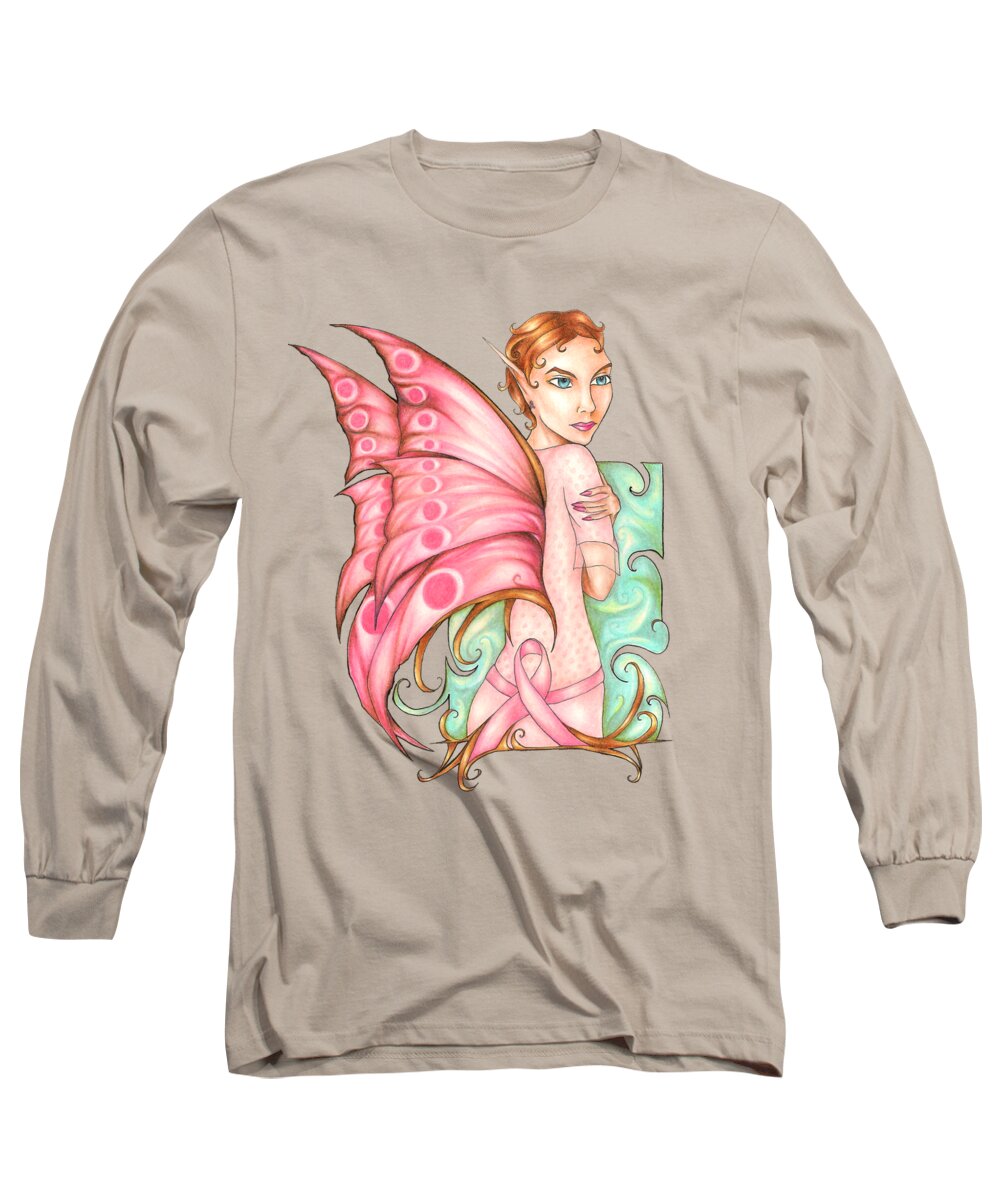 Pink Ribbon Fairy Long Sleeve T-Shirt featuring the drawing Pink Ribbon Fairy For Breast Cancer Awareness by Kristin Aquariann