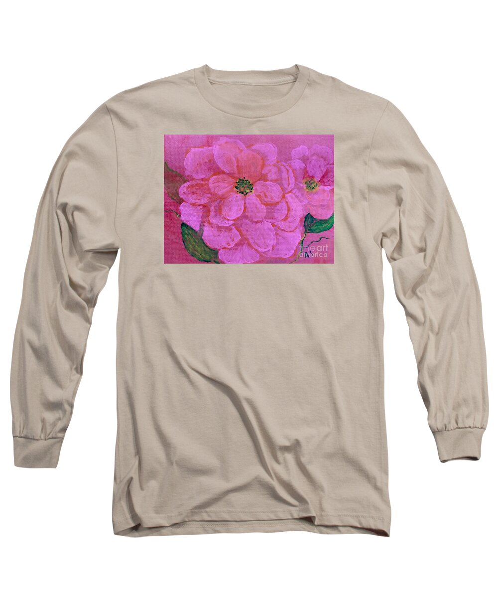 Pink Roses Long Sleeve T-Shirt featuring the painting Pink rose flowers by Anne Sands