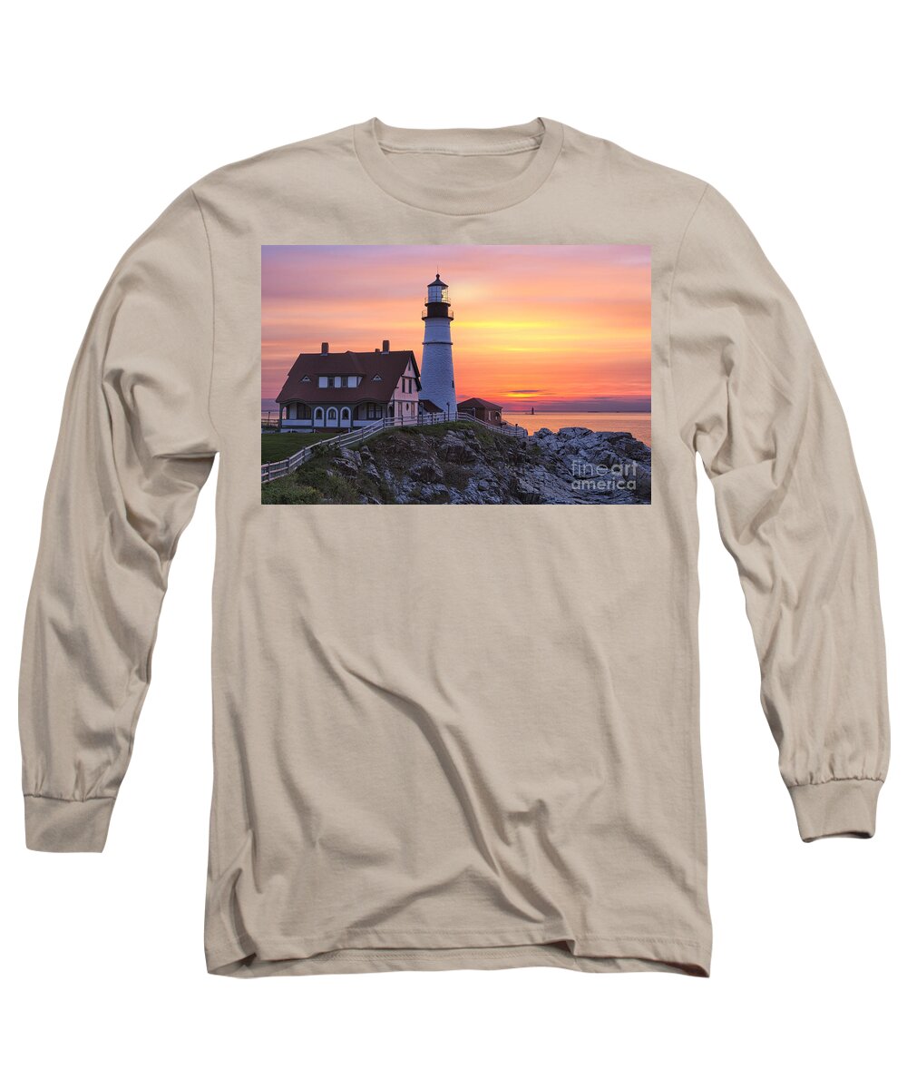 Atlantic Long Sleeve T-Shirt featuring the photograph Portland Head Lighthouse Sunrise by Jerry Fornarotto