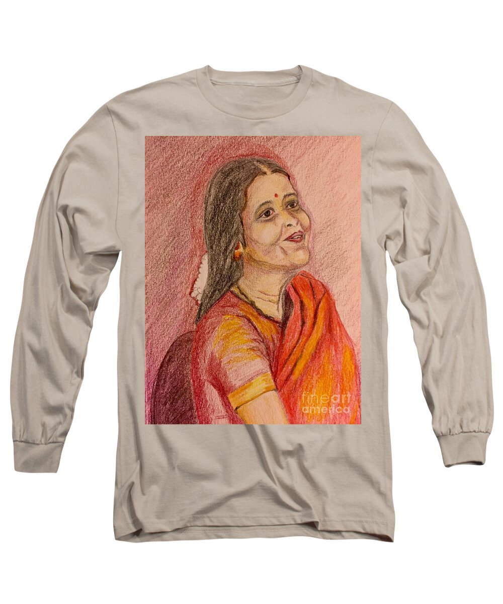 Color Pencil Drawing Long Sleeve T-Shirt featuring the painting Portrait with colorpencils by Brindha Naveen