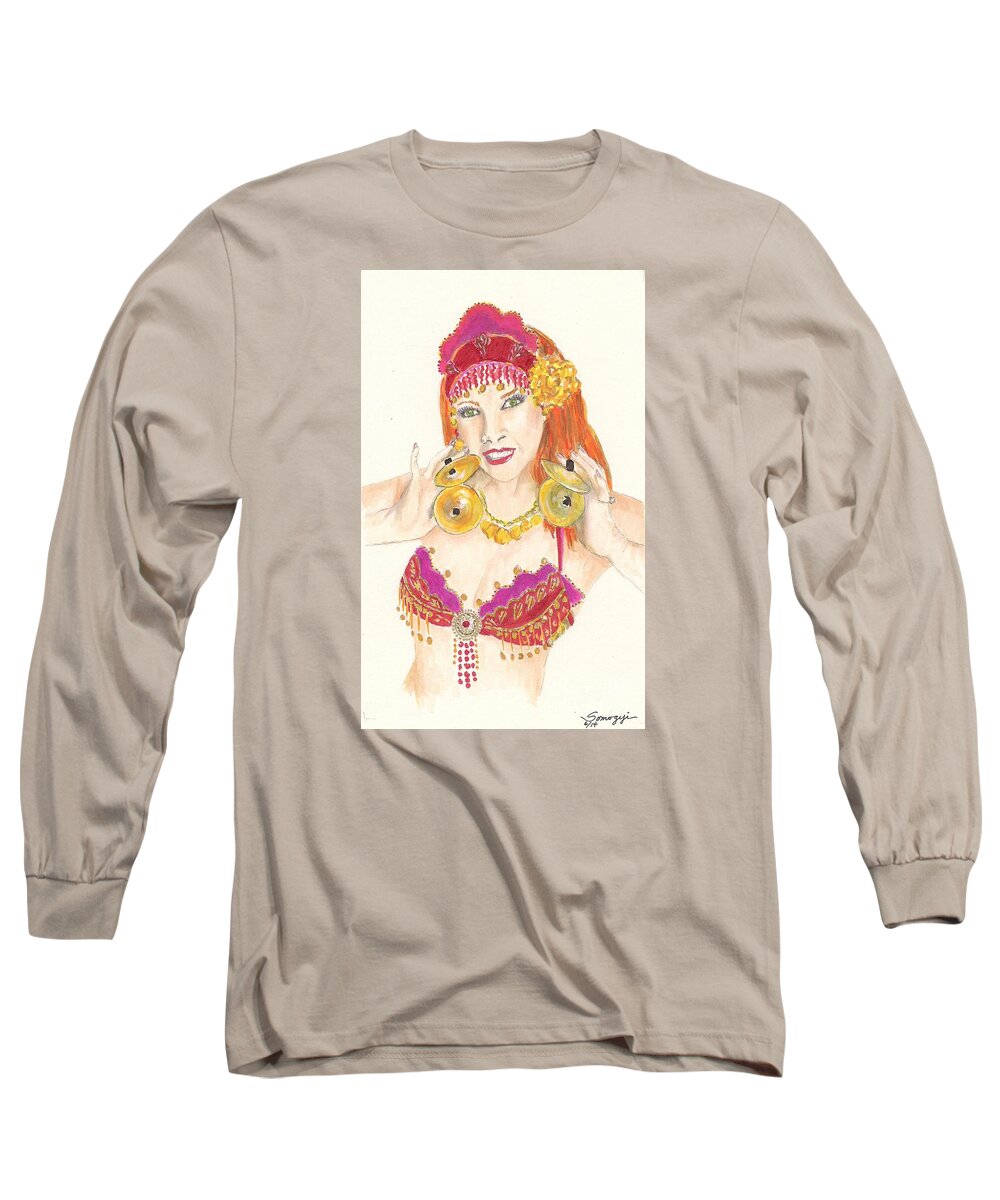 Self-portrait Long Sleeve T-Shirt featuring the drawing Portrait of the Artist Playing Zills -- Belly Dancer Self-Portrait by Jayne Somogy