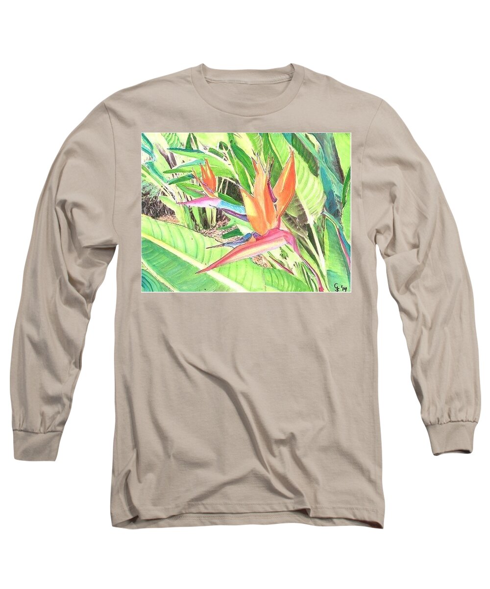Bird Of Paradise Long Sleeve T-Shirt featuring the painting Bird of Paradise by Gary Springer