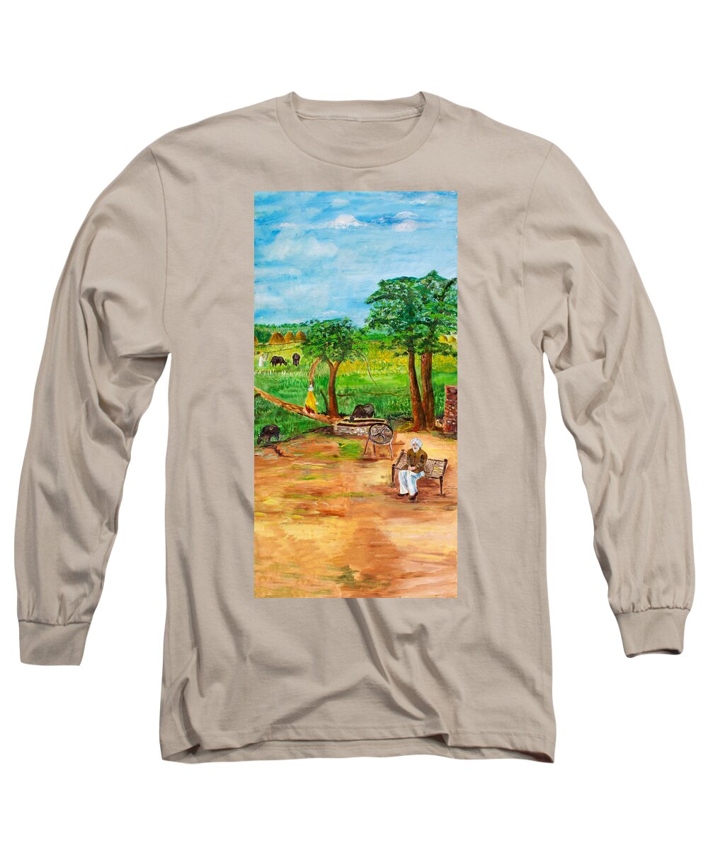 Farmer Long Sleeve T-Shirt featuring the painting Punjabi farmer by Sarabjit Singh