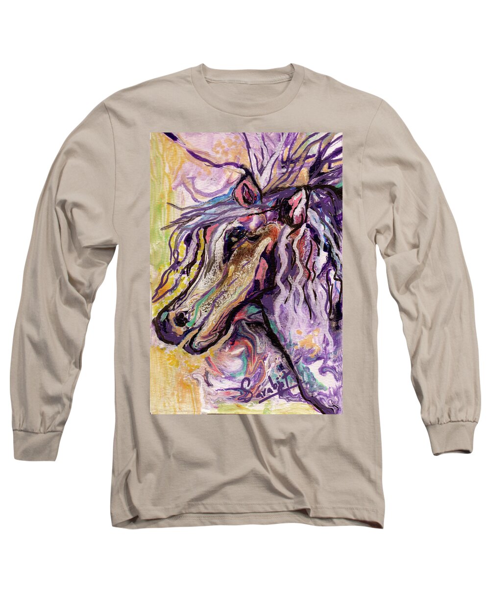 Pegasus Long Sleeve T-Shirt featuring the painting Purple Pegasus by Sarabjit Singh