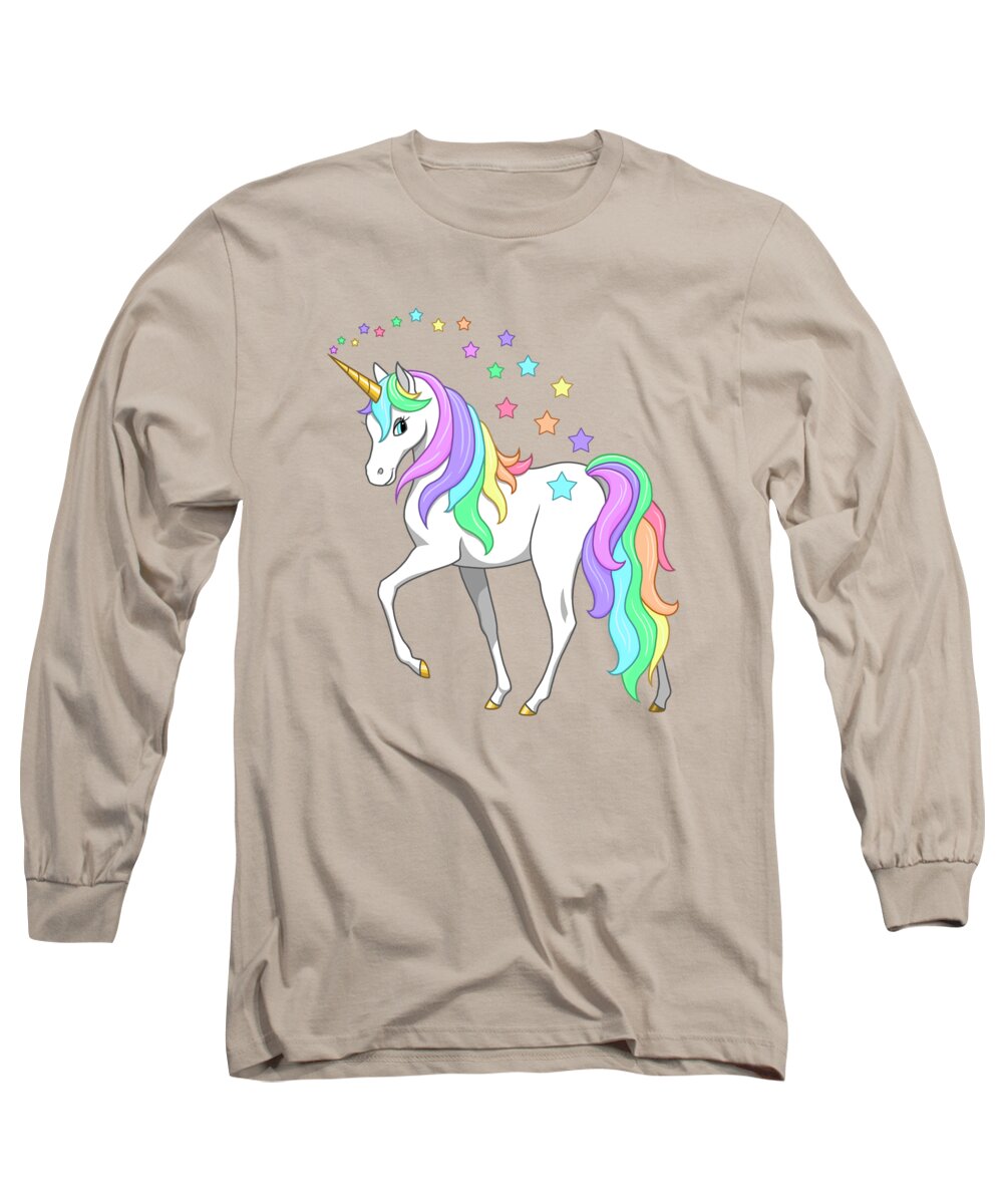 Unicorn Long Sleeve T-Shirt featuring the digital art Rainbow Unicorn Clouds and Stars by Crista Forest