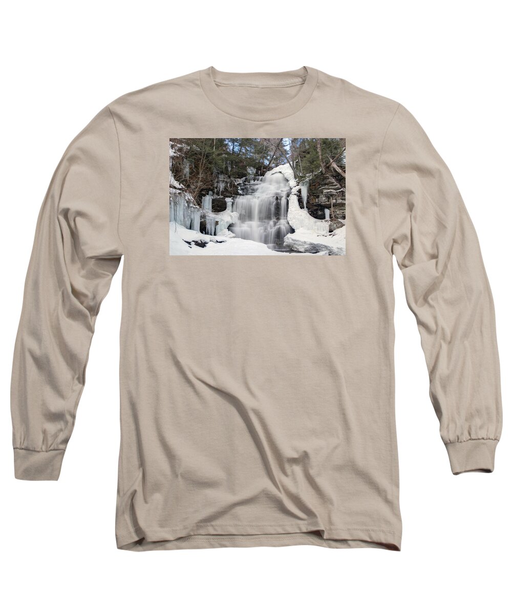 Ganoga Falls Long Sleeve T-Shirt featuring the photograph Receding Winter Ice At Ganoga Falls by Gene Walls